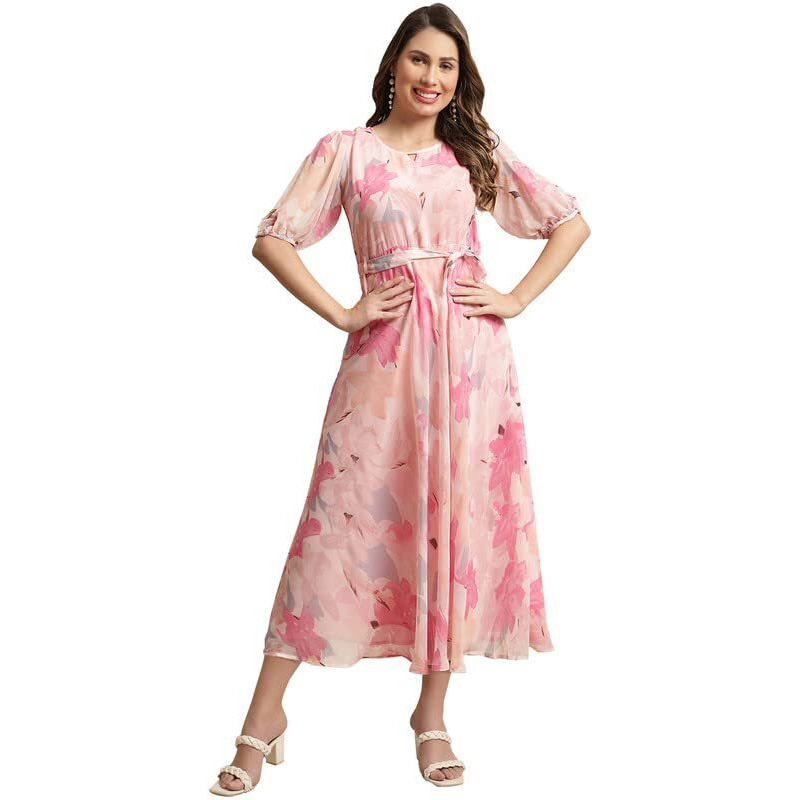 Preneum Women's Maxi Fit & Flare Print Georgette Regular Sleeves Casual |Summer |Latest Style |Festival & Occasion Maxi Gown(Maxi-N-31_S) Rose Pink