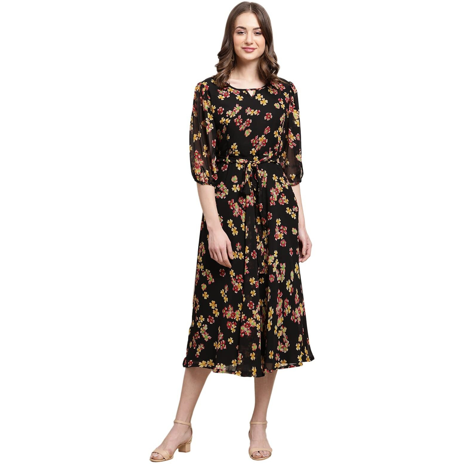 Preneum Women's Georgette Maxi Fit & Flare, Regular Sleeves, Long Gown Style, Casual Wear (In, Alpha, 2Xl, Plus, Black)