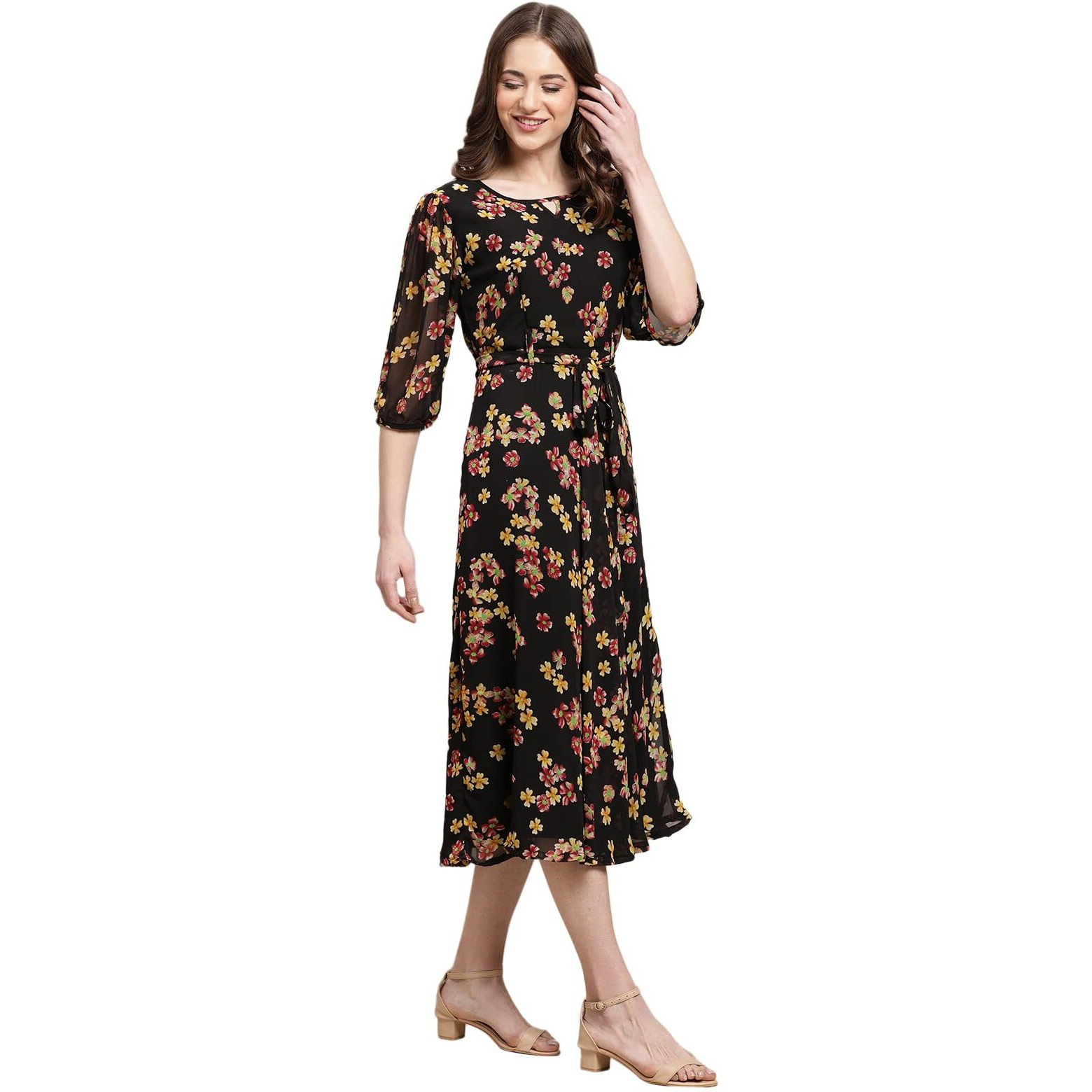 Preneum Women's Georgette Maxi Fit & Flare, Regular Sleeves, Long Gown Style, Casual Wear (In, Alpha, 2Xl, Plus, Black)