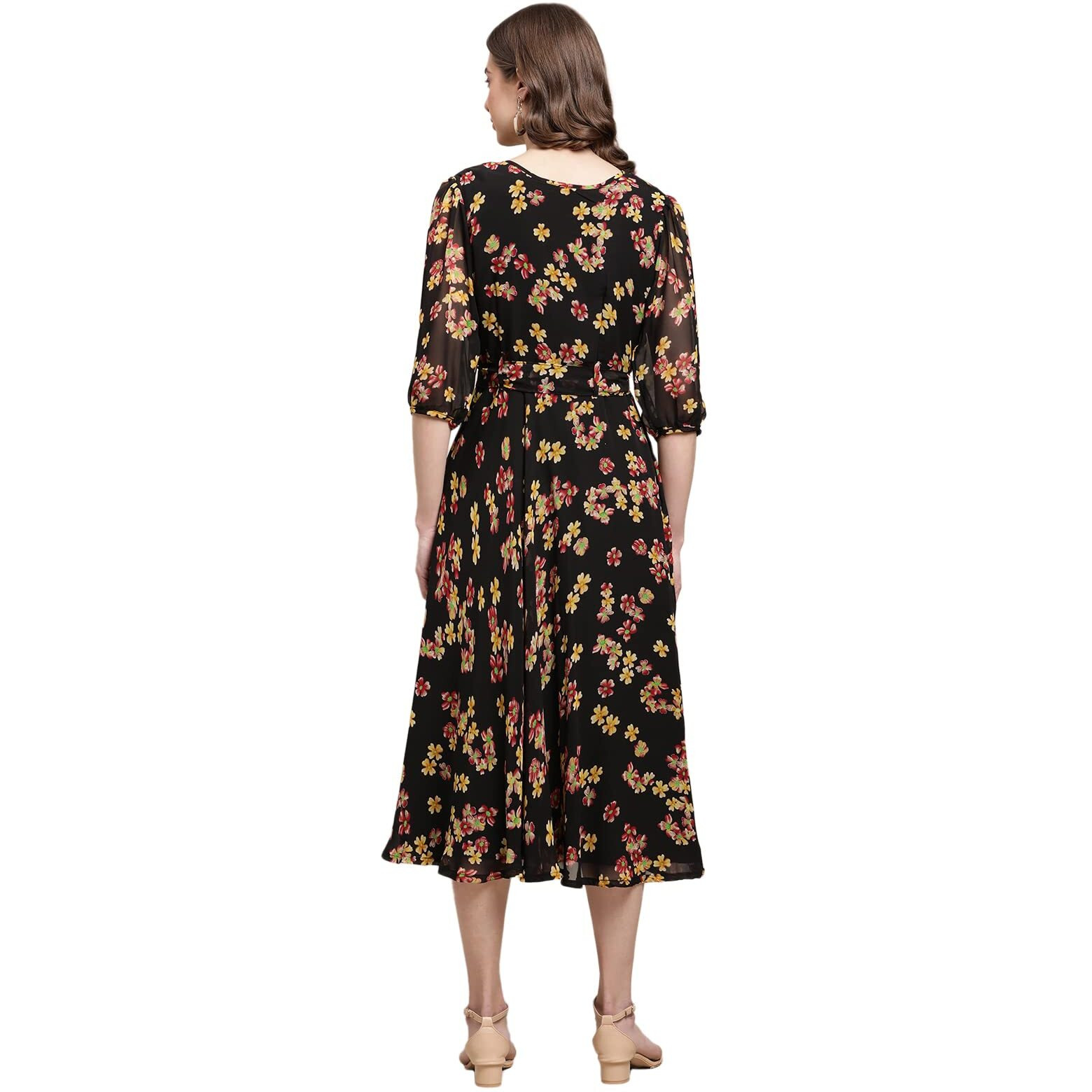 Preneum Women's Georgette Maxi Fit & Flare, Regular Sleeves, Long Gown Style, Casual Wear (In, Alpha, 2Xl, Plus, Black)
