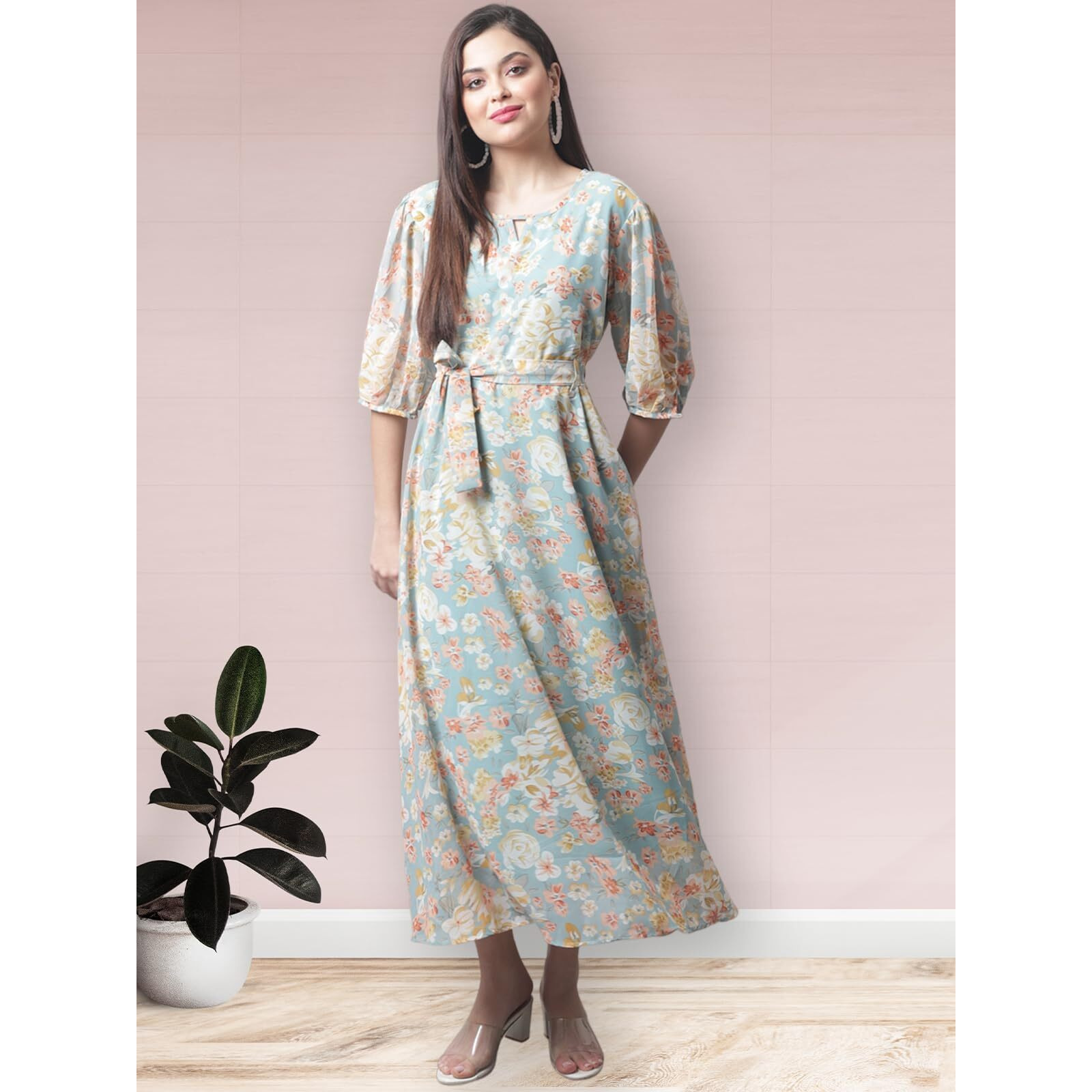 Preneum Women's Georgette A-Line Standard Length Dress (Maxi-21_Light Blue