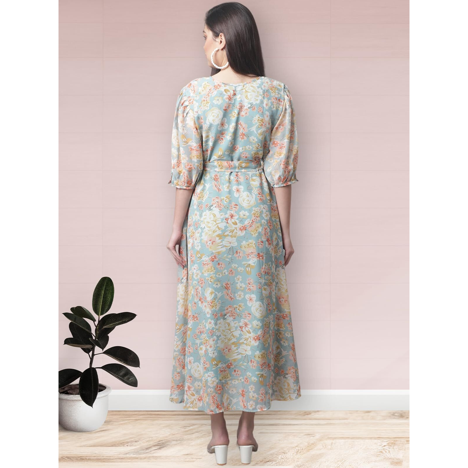 Preneum Women's Georgette A-Line Standard Length Dress (Maxi-21_Light Blue