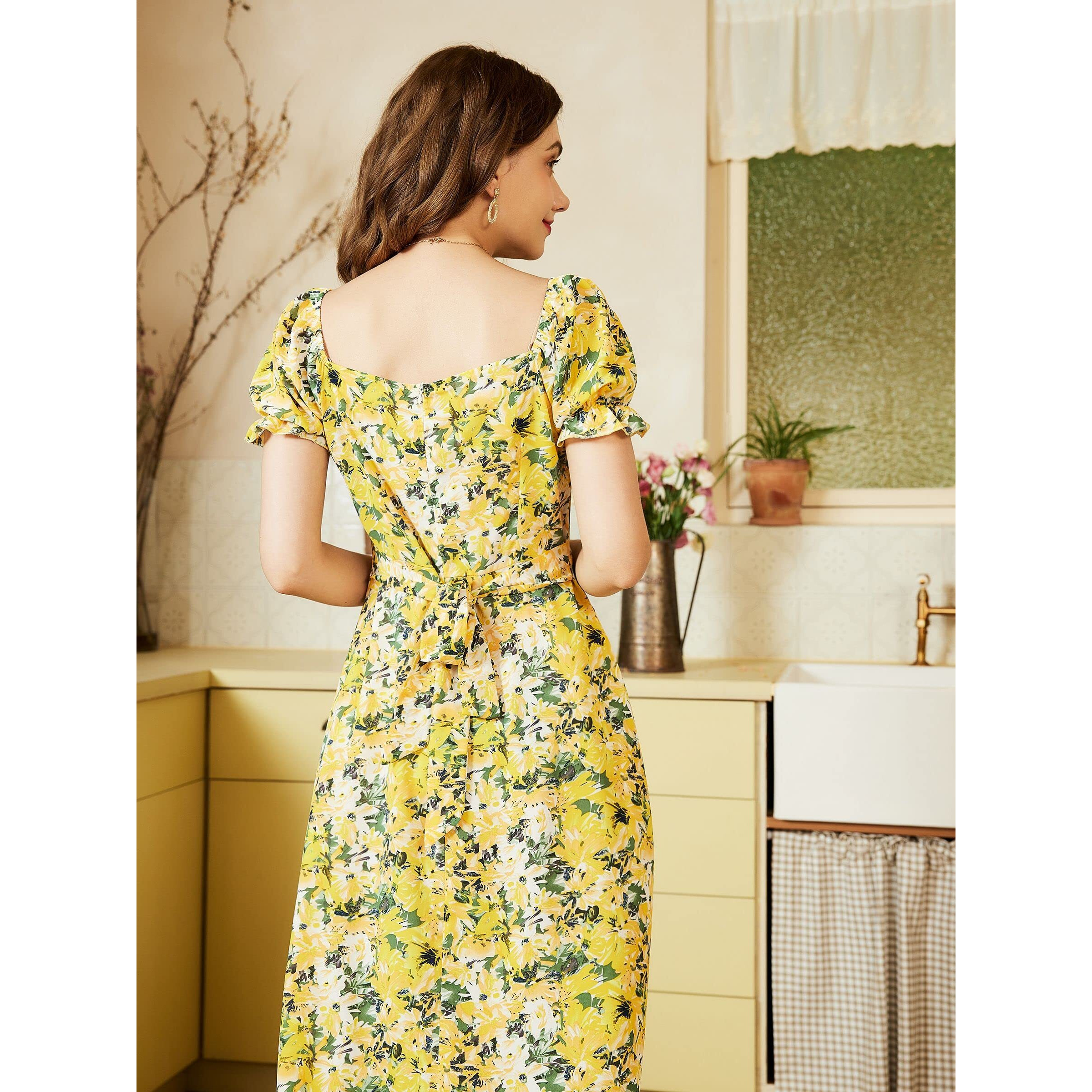 Sugathari Women's & Girls' Solid V Neck Ankle Length Beshop Sleeve A-Line Dress For Women (Dress2 46 Lemon Yellow M)