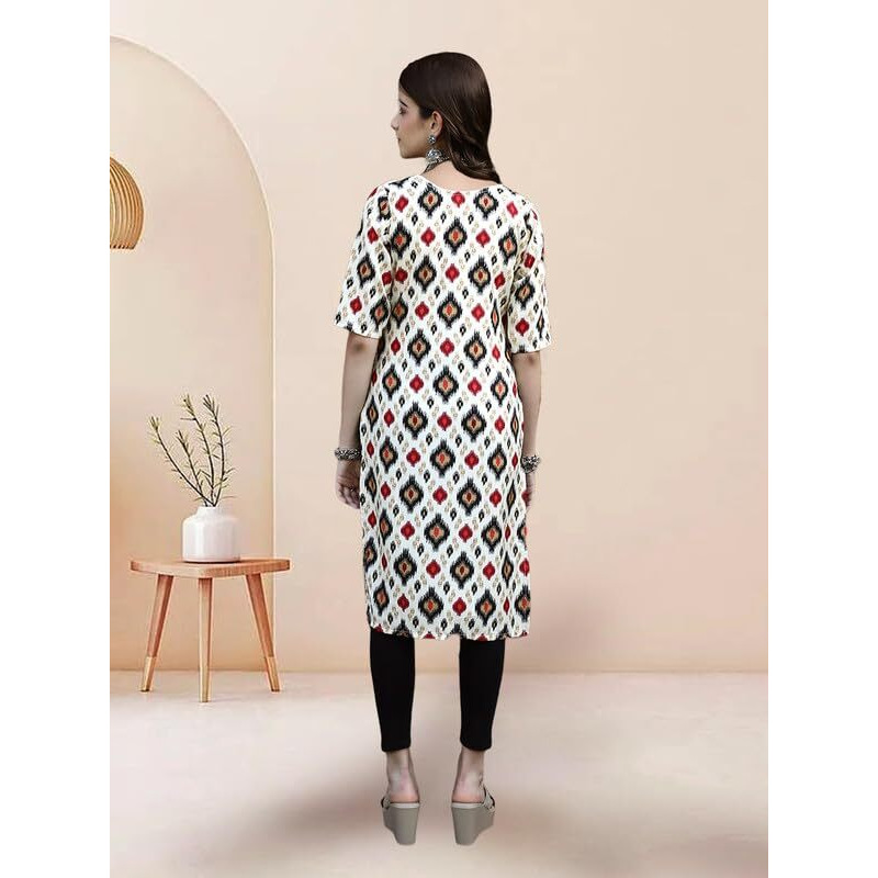 Pinkmint Elegant Printed Crepe Kurti's For Women's Ll Fashionable Kurti Ll Straight Round Neck Kurti (Pack Of 1) White