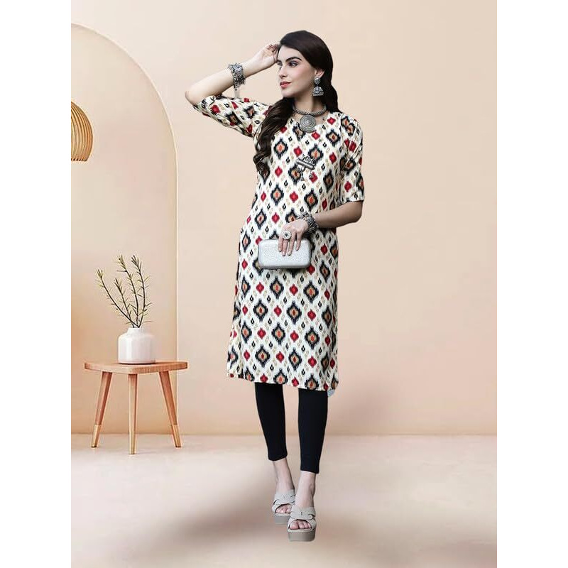 Pinkmint Elegant Printed Crepe Kurti's For Women's Ll Fashionable Kurti Ll Straight Round Neck Kurti (Pack Of 1) White