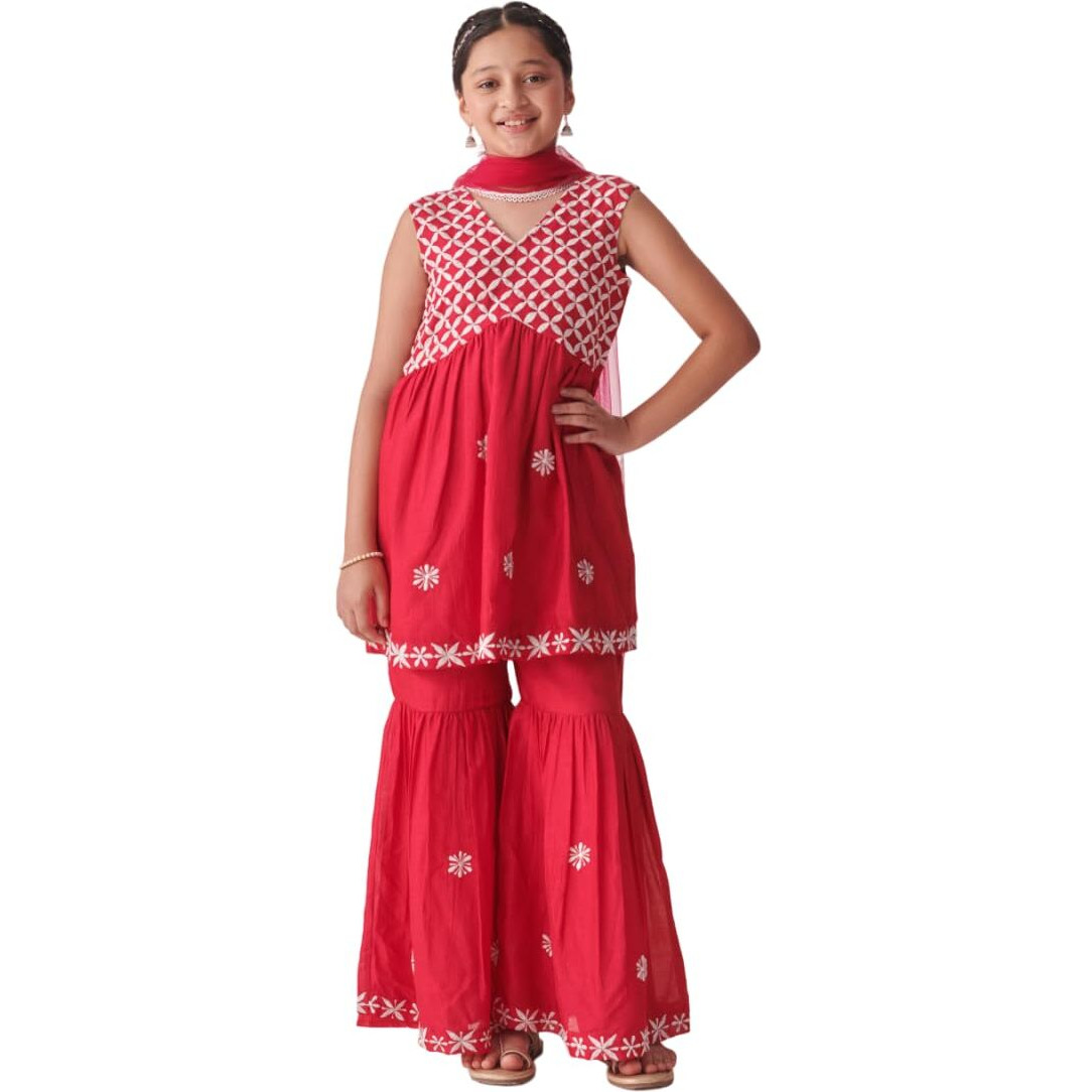 Pspeaches Girl's Silk Blend Sharara Set (Sha-Redchikankari-14-15Y_Red