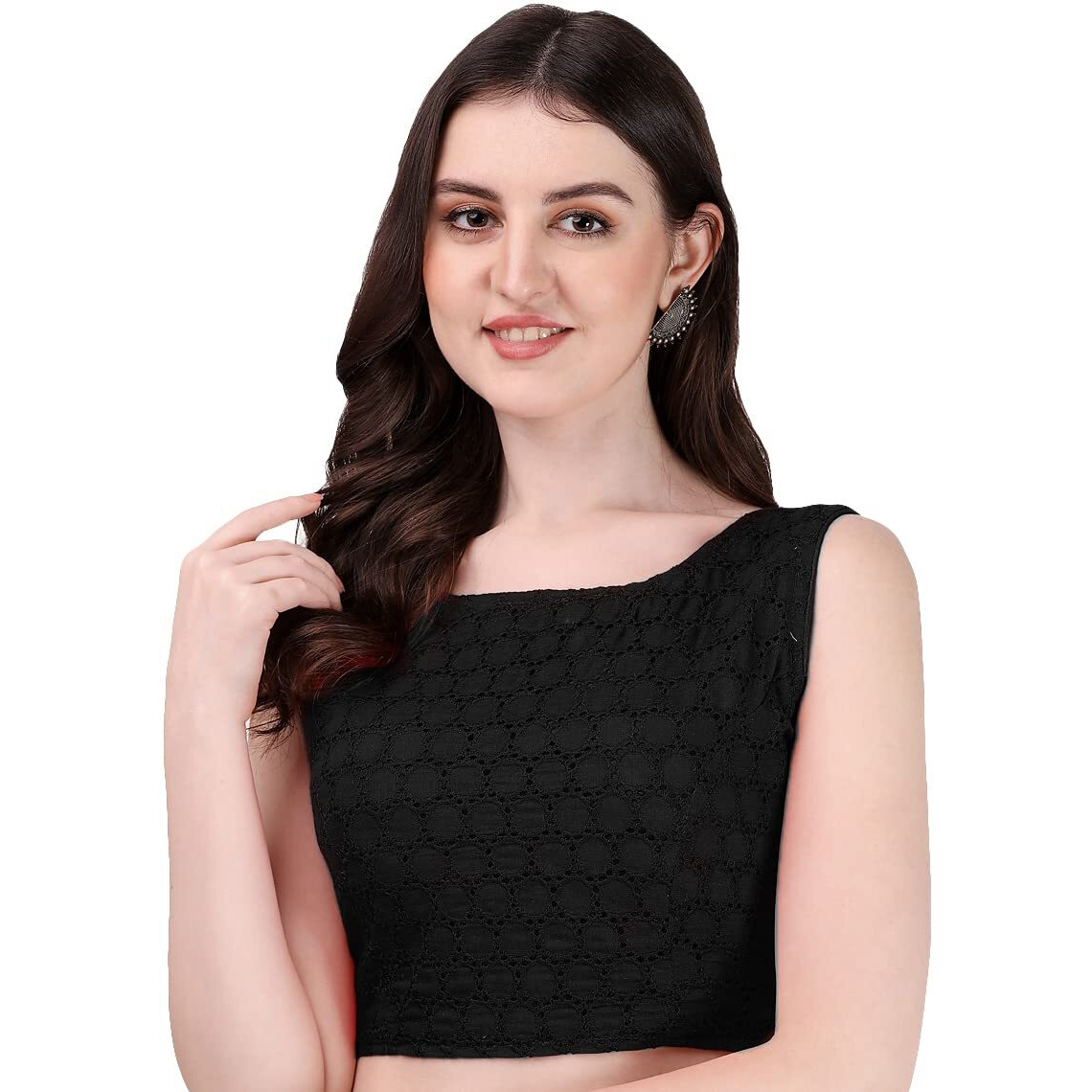 Pujia Mills Women's Women's Cotton Chikankari Embroidery Work Readymade Saree Sleeveless Blouse