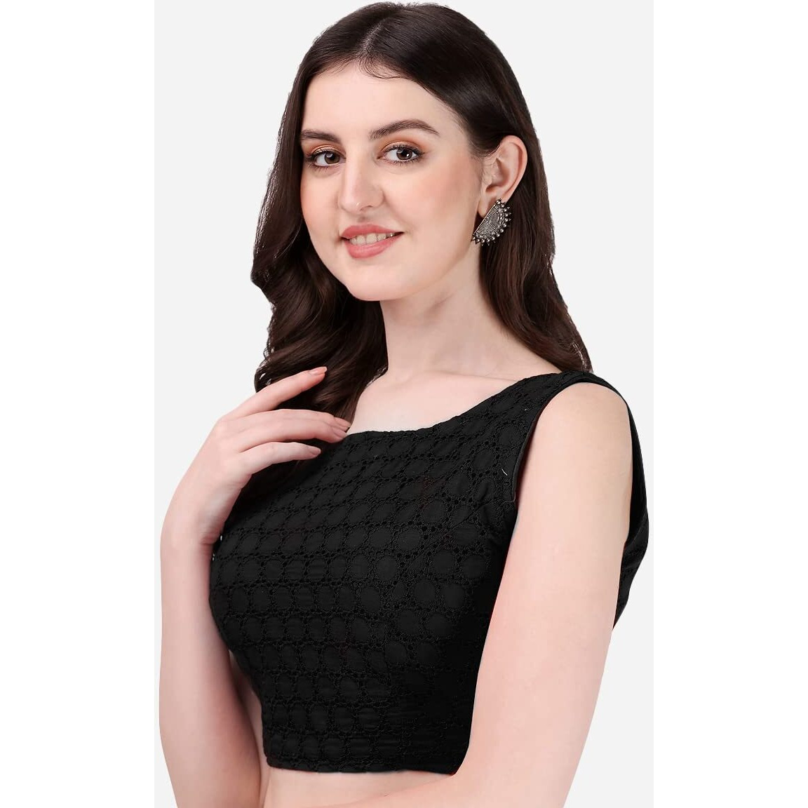 Pujia Mills Women's Women's Cotton Chikankari Embroidery Work Readymade Saree Sleeveless Blouse