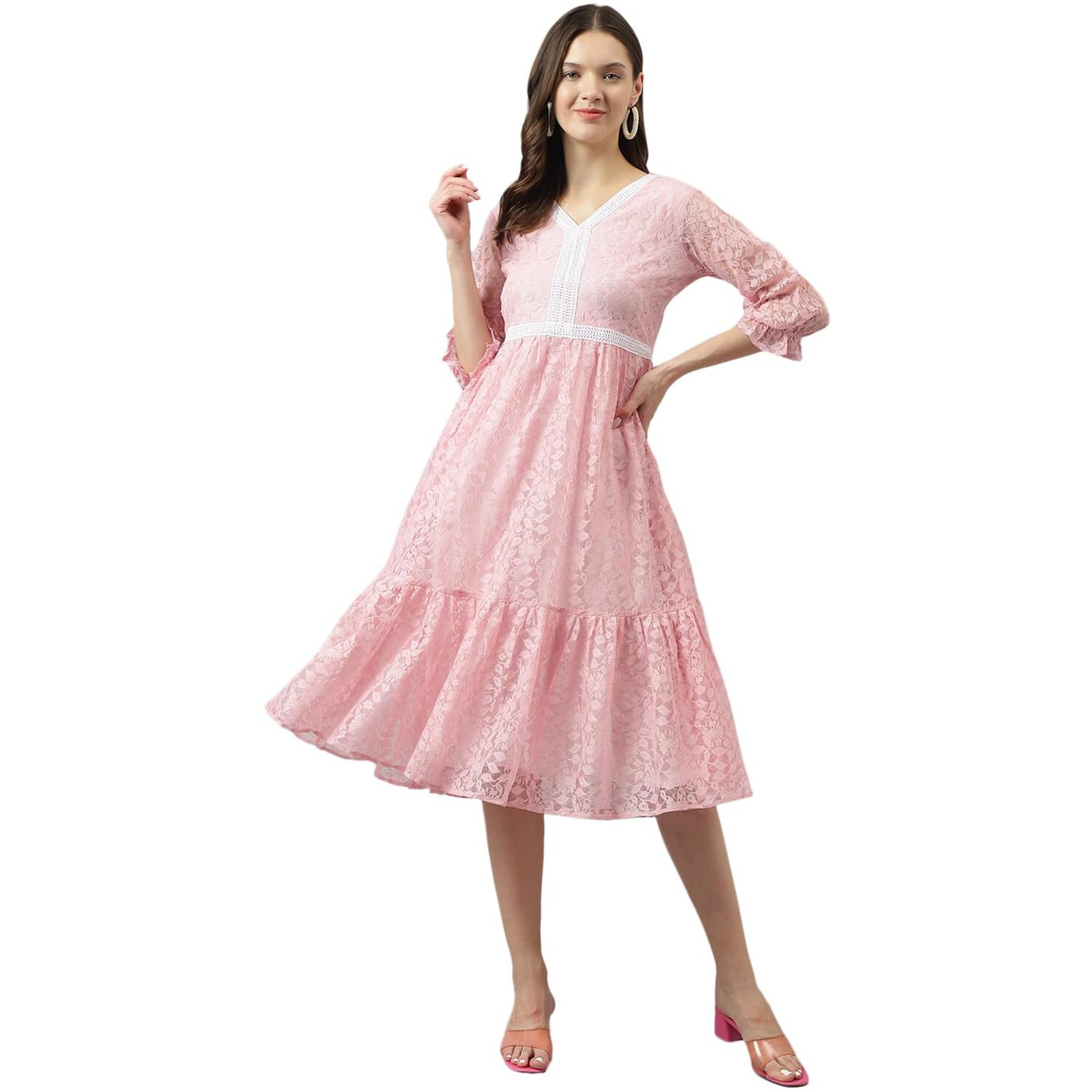 Toochki Women's Baby Pink Russle Net Floral Tiered Western Dress | Dress For Women | A Line Dress | Winter Dress | Western Dress | Latest Women Dress | Trendy Dress | Midi Dress