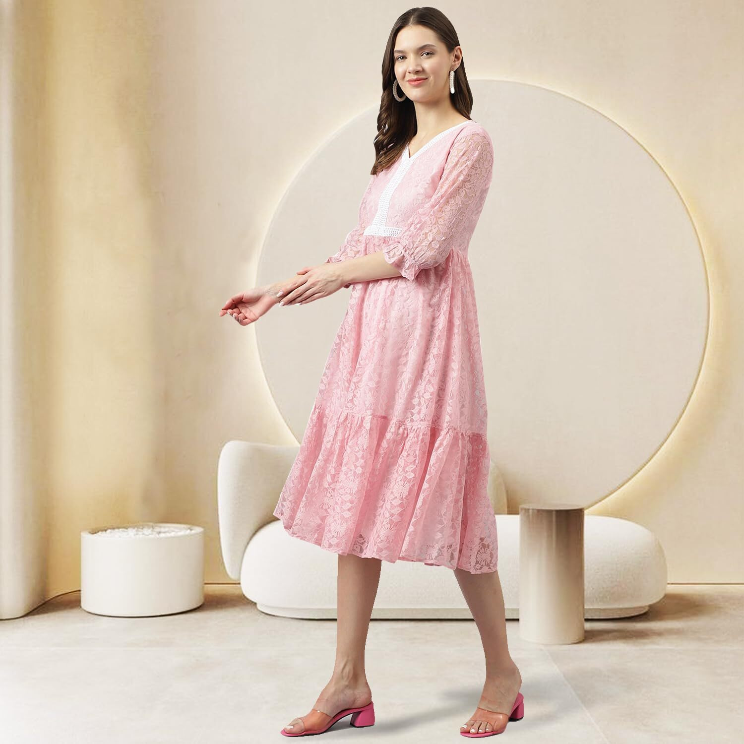 Toochki Women's Baby Pink Russle Net Floral Tiered Western Dress | Dress For Women | A Line Dress | Winter Dress | Western Dress | Latest Women Dress | Trendy Dress | Midi Dress