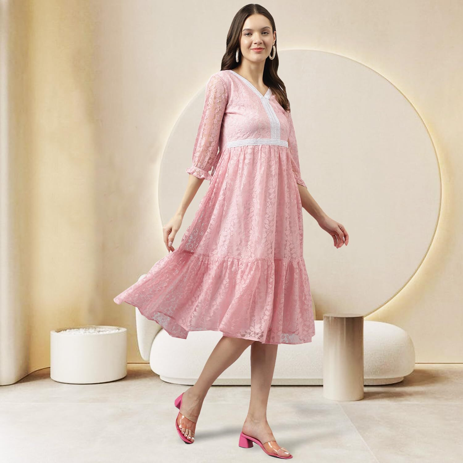 Toochki Women's Baby Pink Russle Net Floral Tiered Western Dress | Dress For Women | A Line Dress | Winter Dress | Western Dress | Latest Women Dress | Trendy Dress | Midi Dress