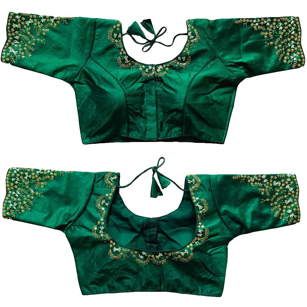 Pujia Mills Women's Silk Embroidery Sequence Work Half Sleeve Readymade Blouse (Green, 36)