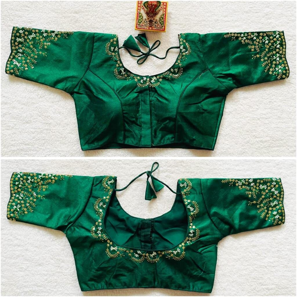 Pujia Mills Women's Silk Embroidery Sequence Work Half Sleeve Readymade Blouse (Green, 36)