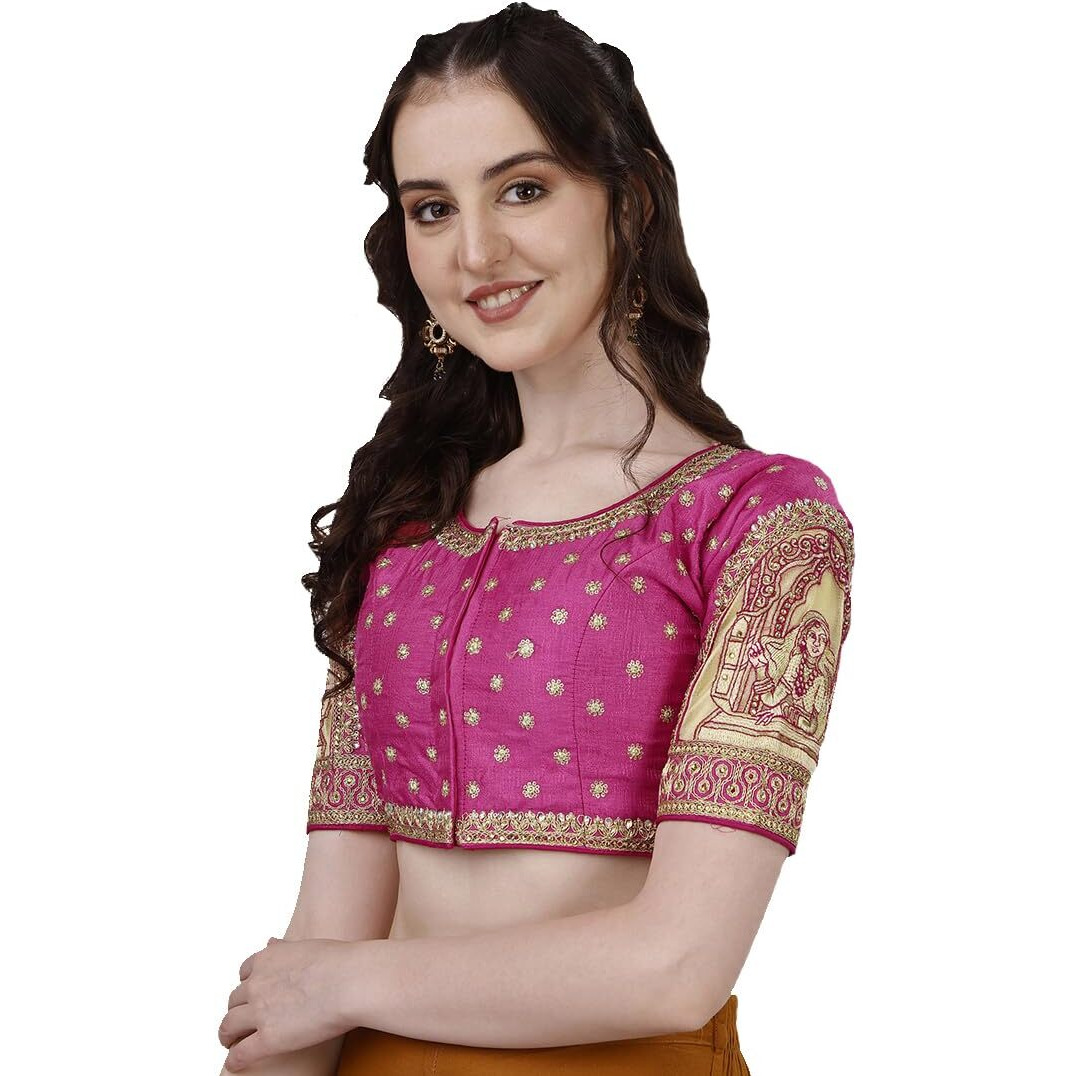 Pujia Mills Women's Heavy Embroidery Coding With Sequins And Diamond Work Half Sleeves Fancy Cutwork Readymade Saree Blouse.(Palace Pink_38)