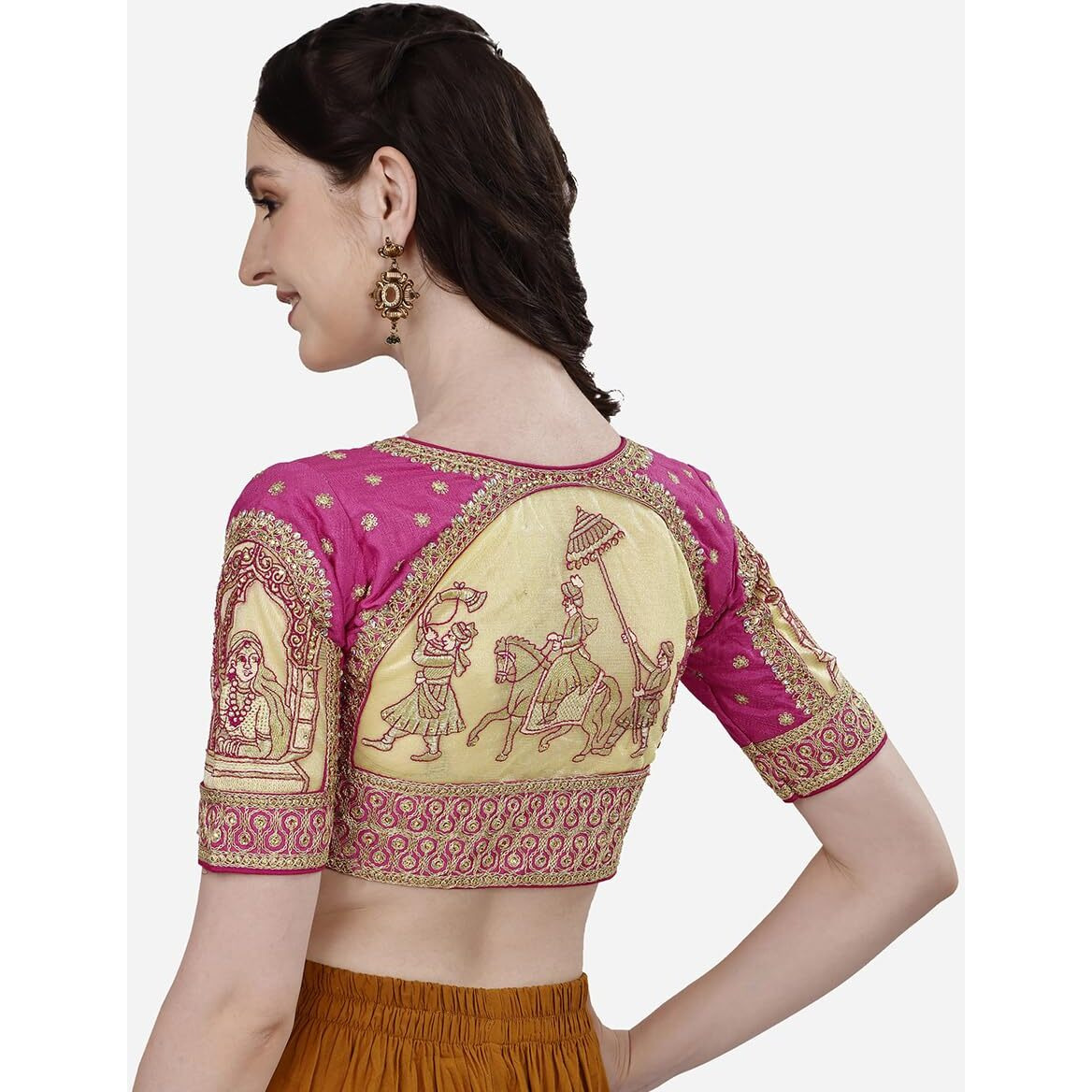Pujia Mills Women's Heavy Embroidery Coding With Sequins And Diamond Work Half Sleeves Fancy Cutwork Readymade Saree Blouse.(Palace Pink_38)