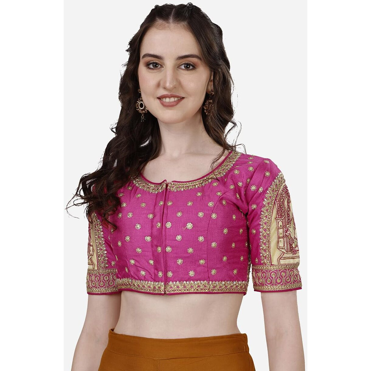 Pujia Mills Women's Heavy Embroidery Coding With Sequins And Diamond Work Half Sleeves Fancy Cutwork Readymade Saree Blouse.(Palace Pink_38)