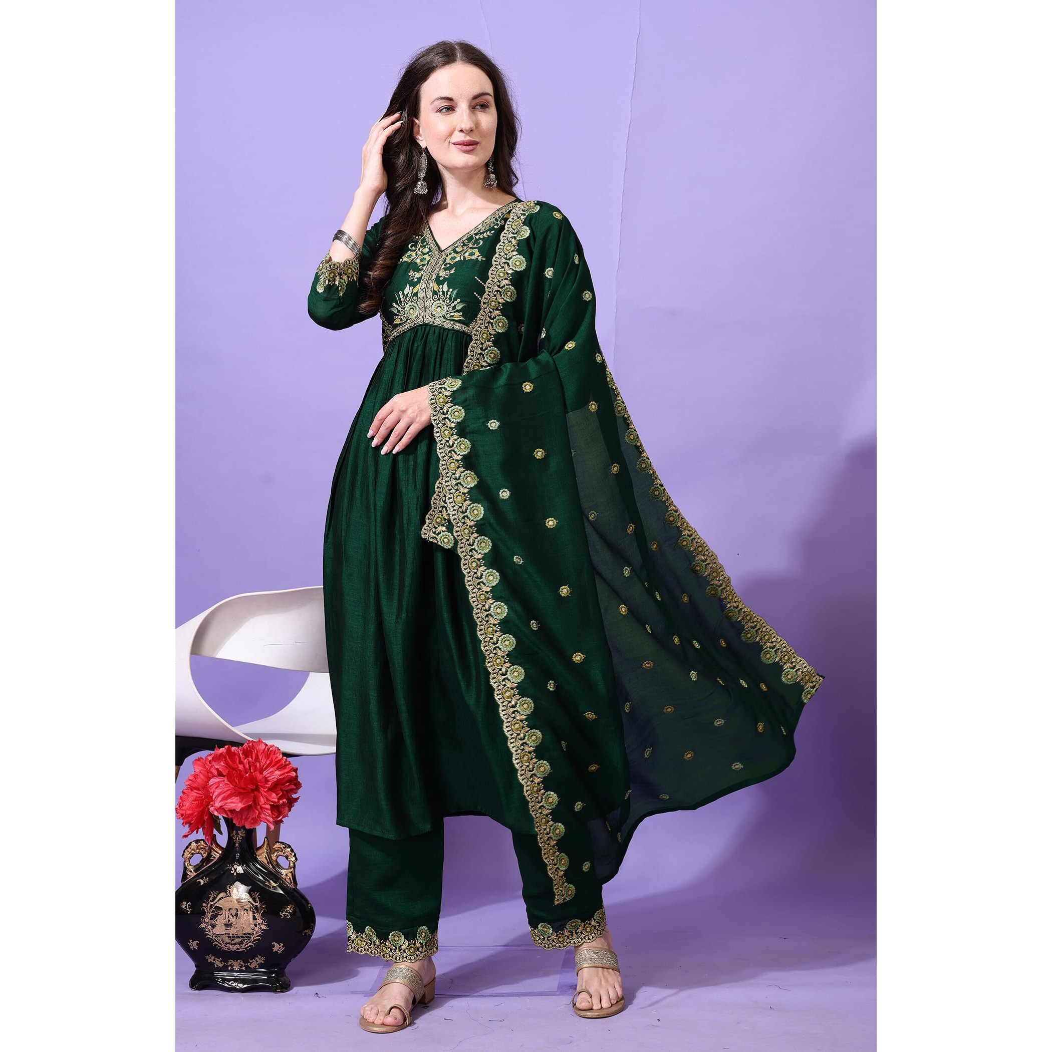 Pratham Blue Women's Silk Embroidered Regular Kurta Sets (Bkp-1016-M_Green