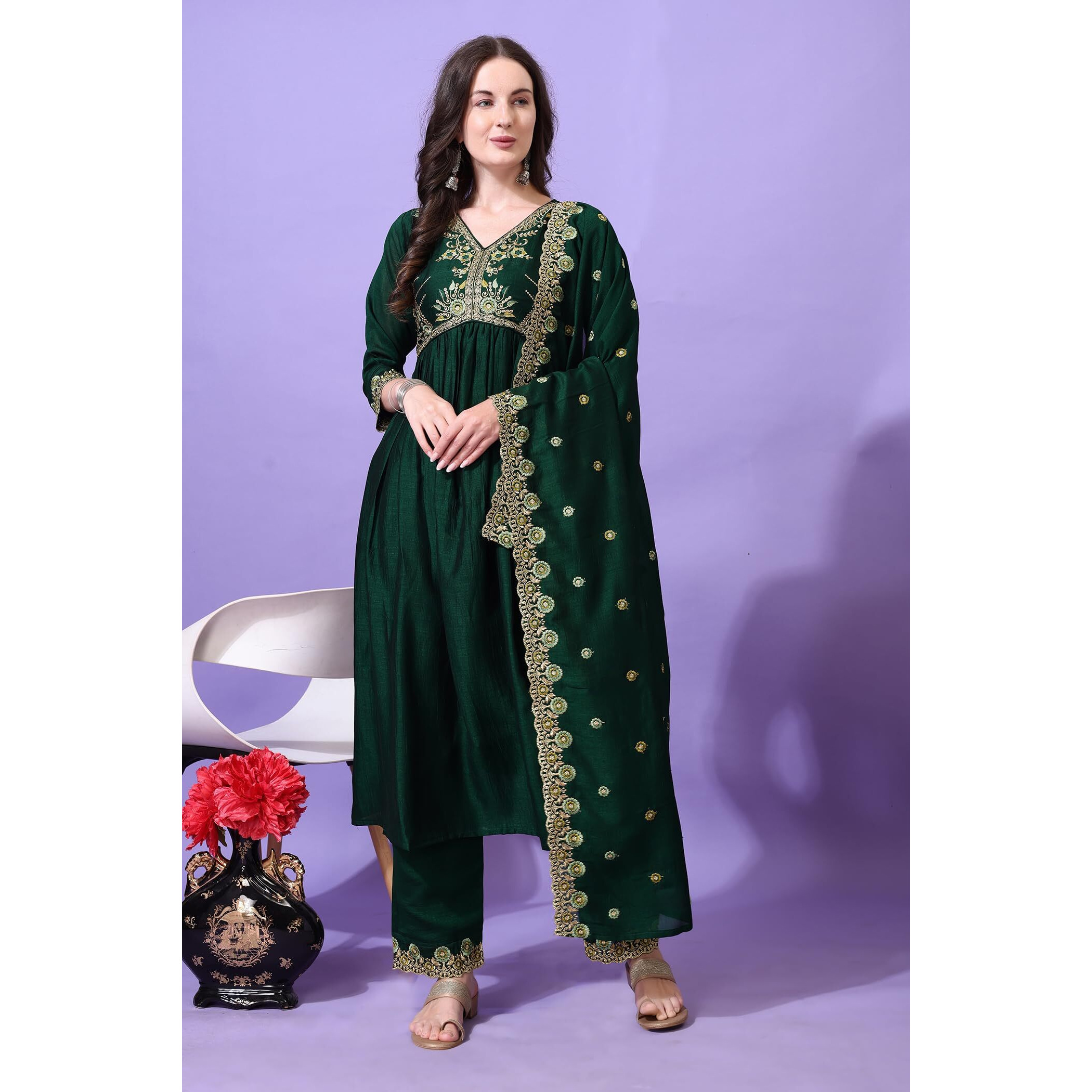 Pratham Blue Women's Silk Embroidered Regular Kurta Sets (Bkp-1016-M_Green