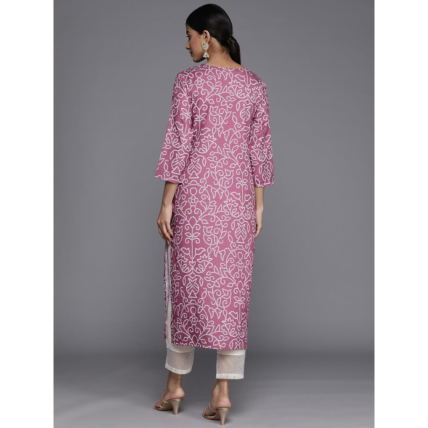 Varanga Women Purple Bandhani Print Yoke Embroidered Kurta With 3/4 Sleeves And White Palazzo Pants (Double Extra Large)