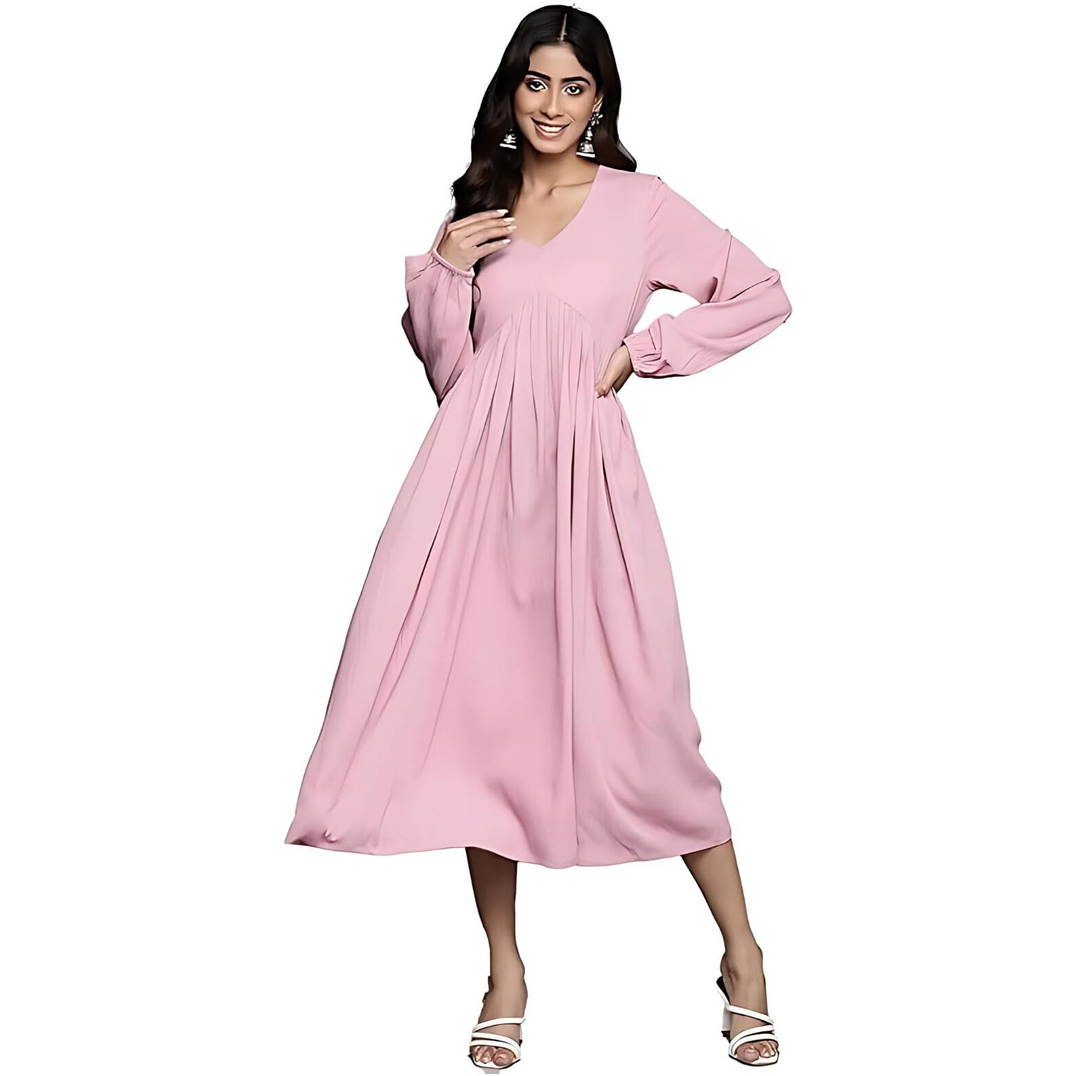 Varanga Women Pink V-Neck Bishop Sleeves A-Line Dress With Gathered Details, Calf Length (Medium)