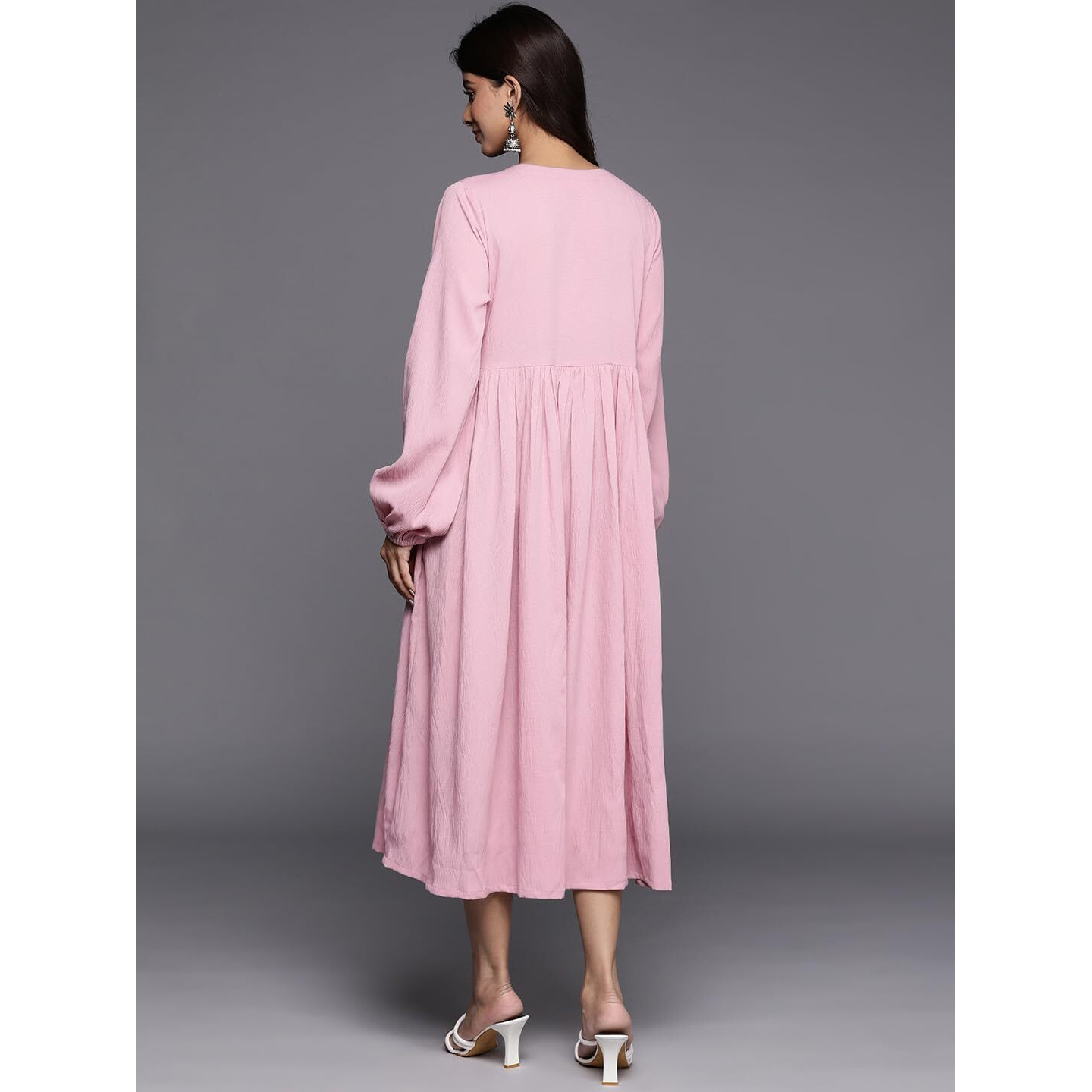 Varanga Women Pink V-Neck Bishop Sleeves A-Line Dress With Gathered Details, Calf Length (Medium)