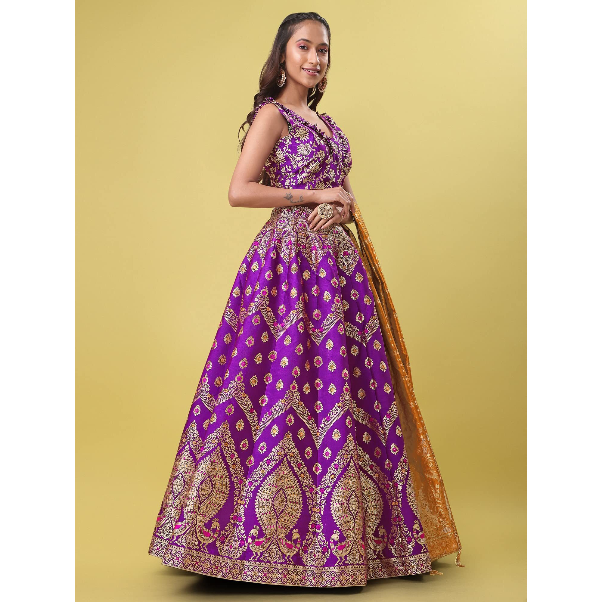 Purvaja Women's Jacquard Semi-Stitched Lehenga Choli (Veera-Wine_Wine_Free Size)