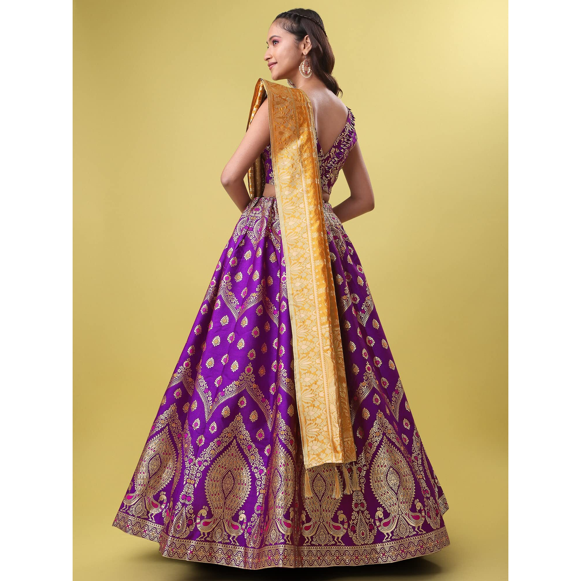 Purvaja Women's Jacquard Semi-Stitched Lehenga Choli (Veera-Wine_Wine_Free Size)
