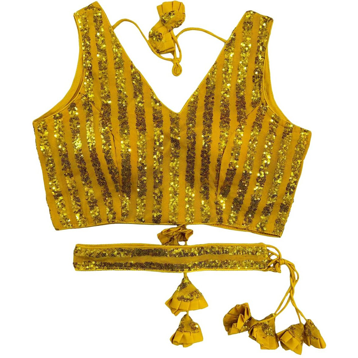 Pujia Mills Women's Emblished Sequins Sleeveless Fancy Yellow Blouse With Belt(Sequins Belt Yellow_38)