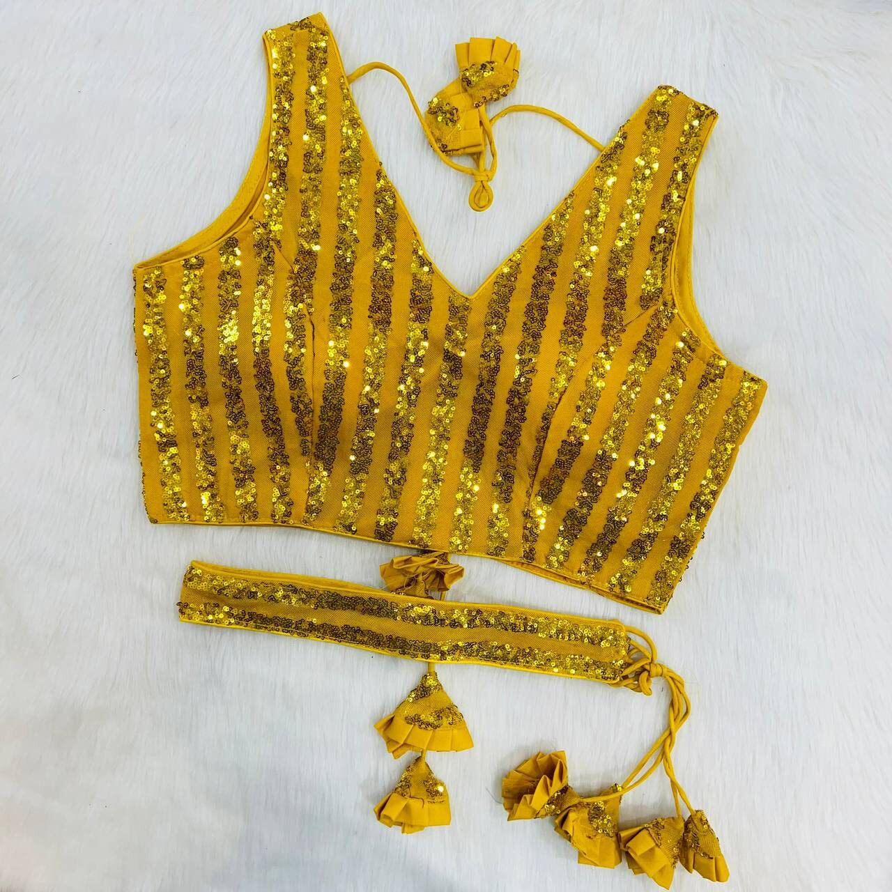 Pujia Mills Women's Emblished Sequins Sleeveless Fancy Yellow Blouse With Belt(Sequins Belt Yellow_38)