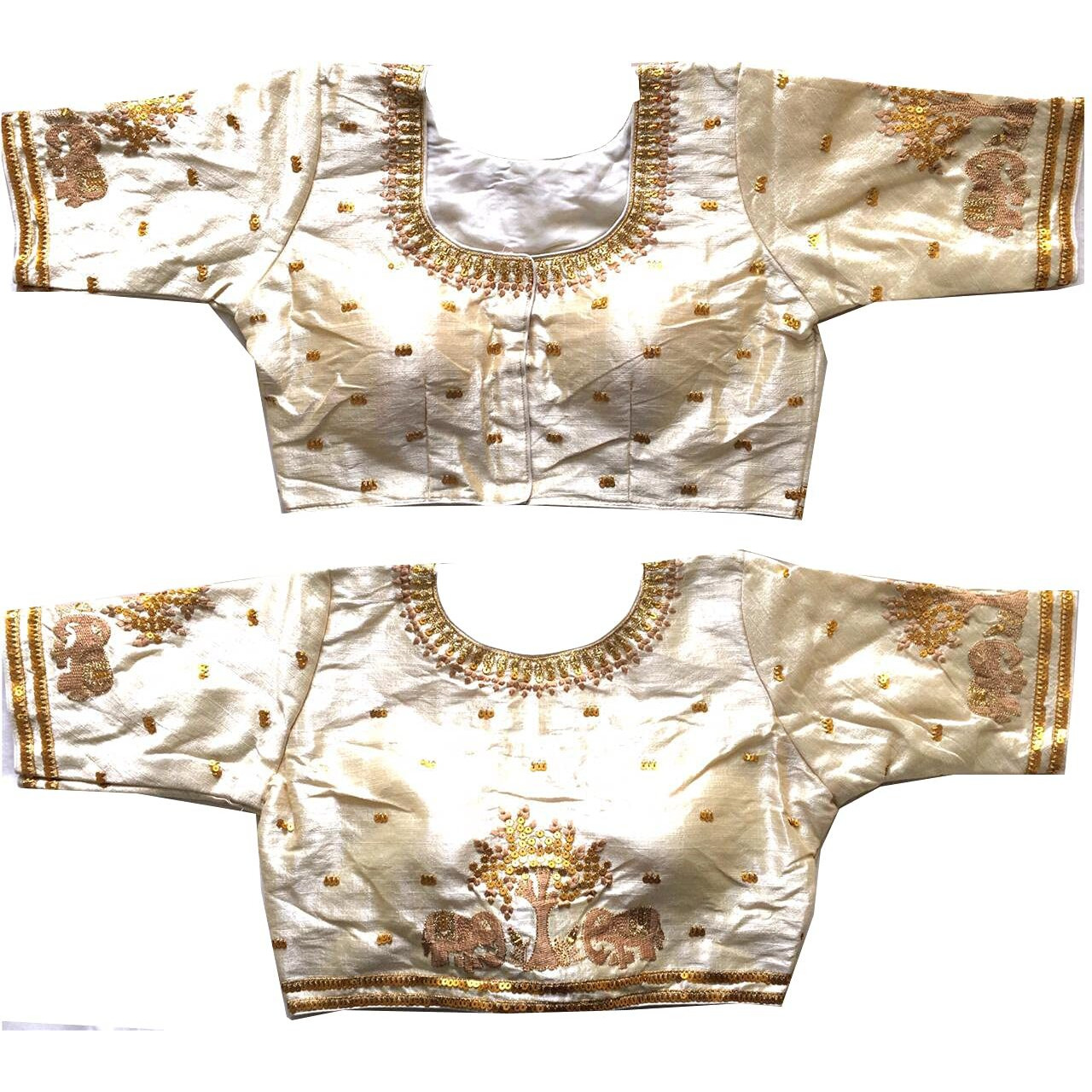 Pujia Mills Women's Multicolor Phantom Silk Heavy Elephant Gold Thread Embroidery Sequins Zari Work Half Sleeves Readymade Saree Blouse (38 Size +Margin)