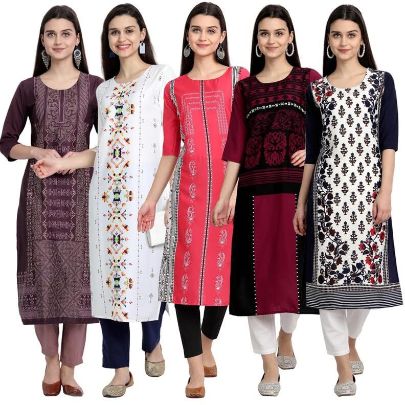 Pinkmint Women's Printed Kurti For Women's Round Neck Straight Kurti For Women (Pack Of 5)