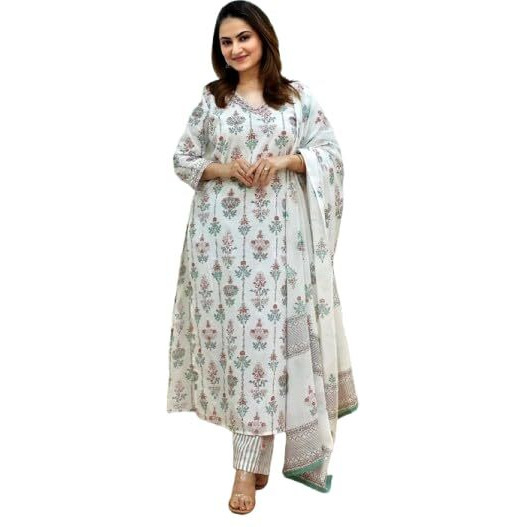 Pinkmint Women's Printed V Neck Kurta And Pant Set With Dupatta (Pack Of 1)