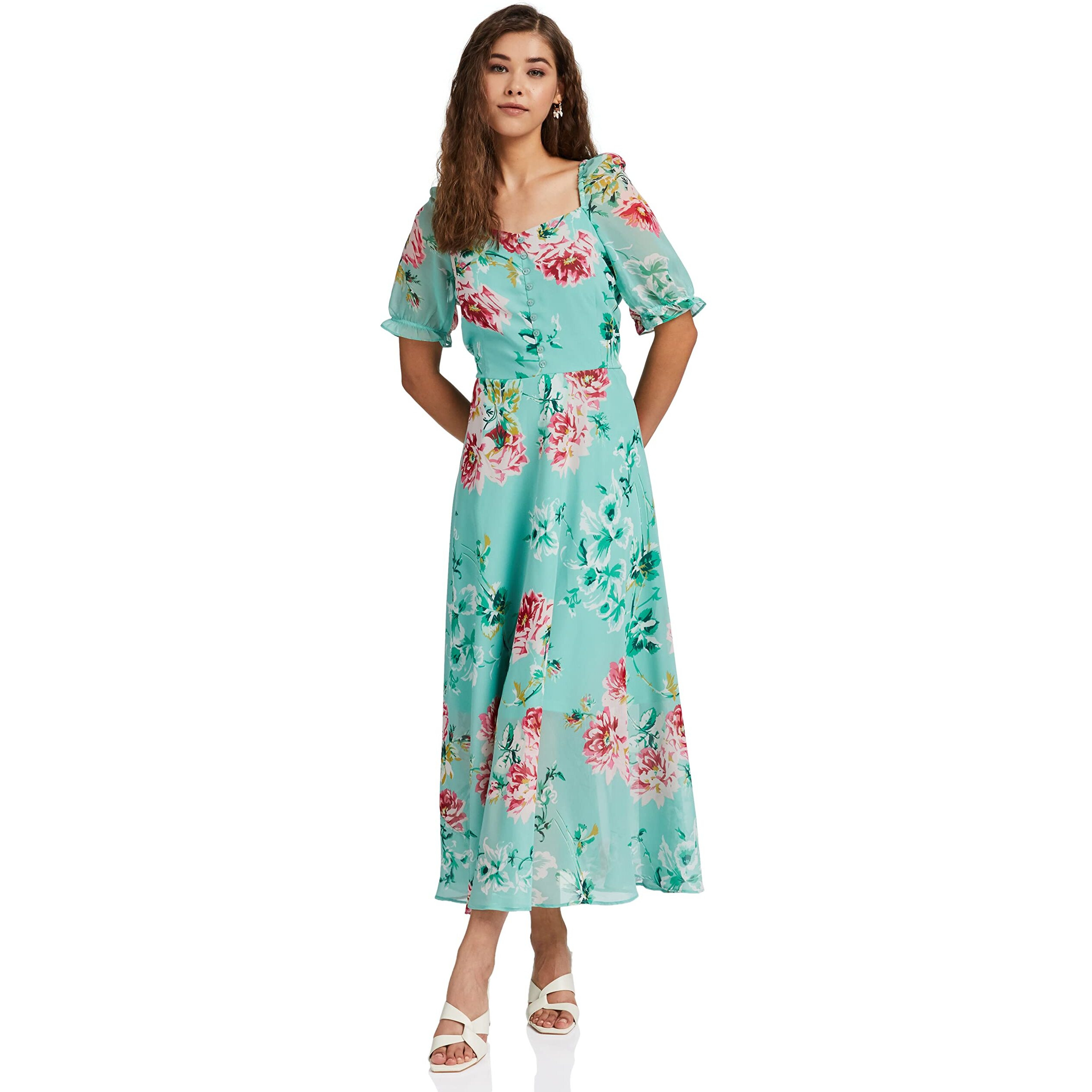Rare Women's Georgette Fit And Flare Maxi Casual Dress (Ep6218_Green_X-Large)