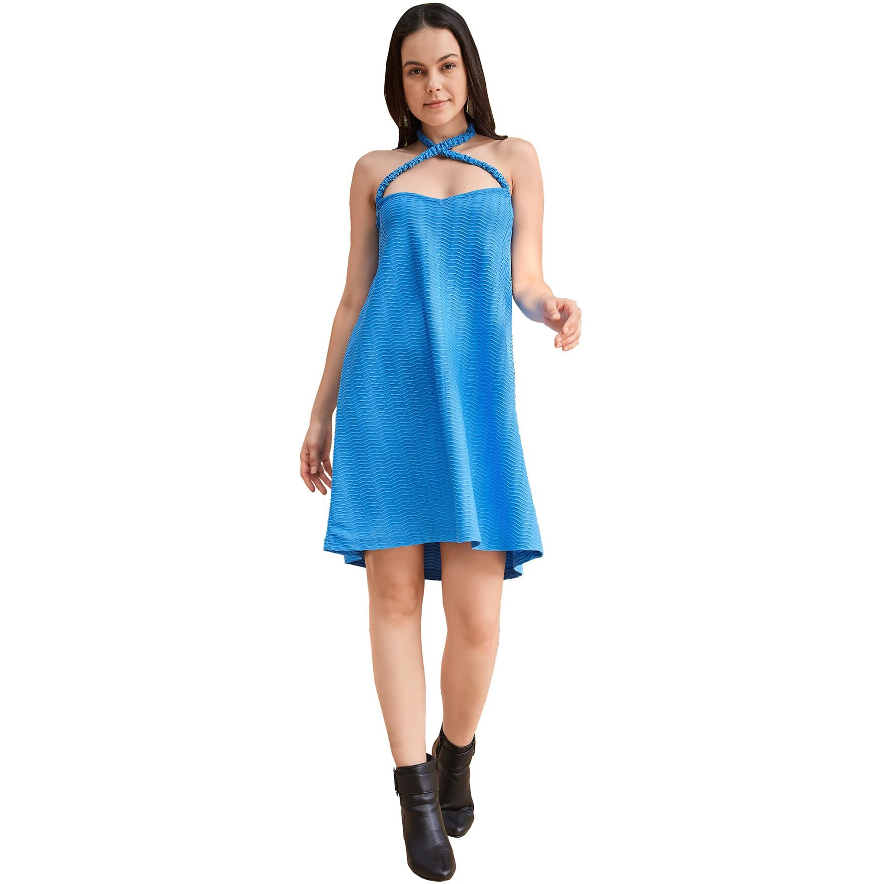 Purvaja Womens A-Line/Flared Above Knee Length Dress (Yuvi-001-Blue_Blue_Medium)