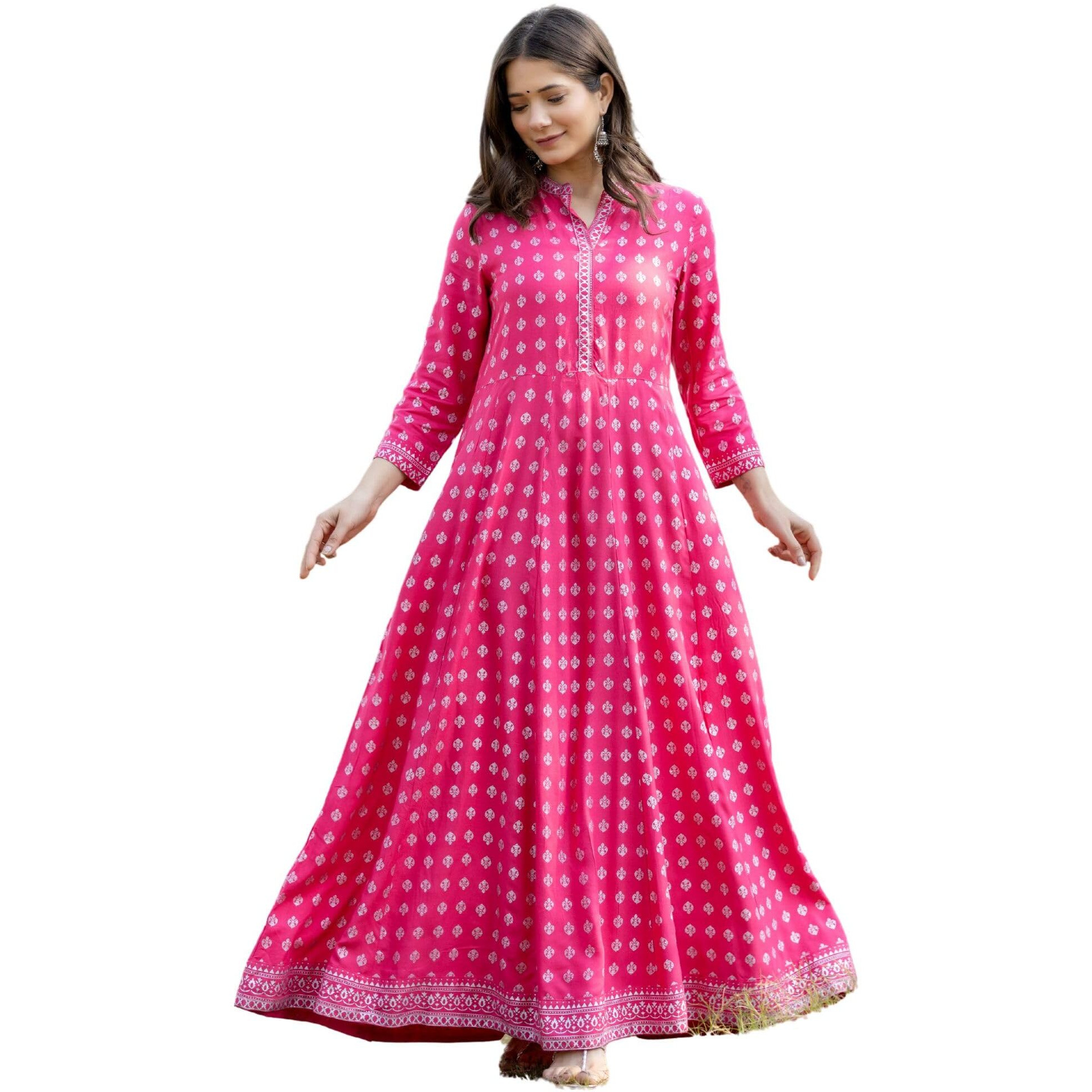 Rytras Women's Rayon Printed Anarkali Kurta(Ryt256,L) Pink
