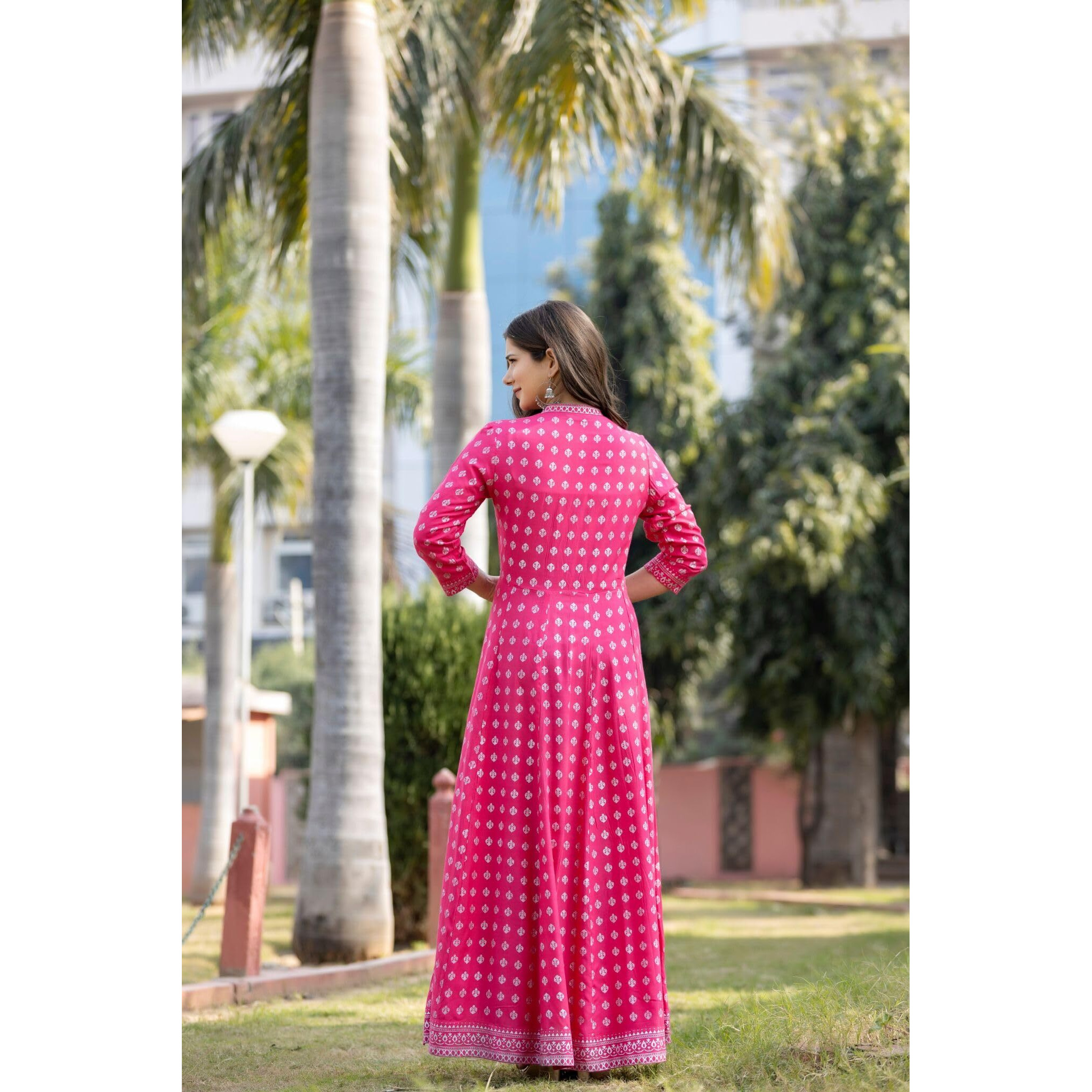 Rytras Women's Rayon Printed Anarkali Kurta(Ryt256,L) Pink