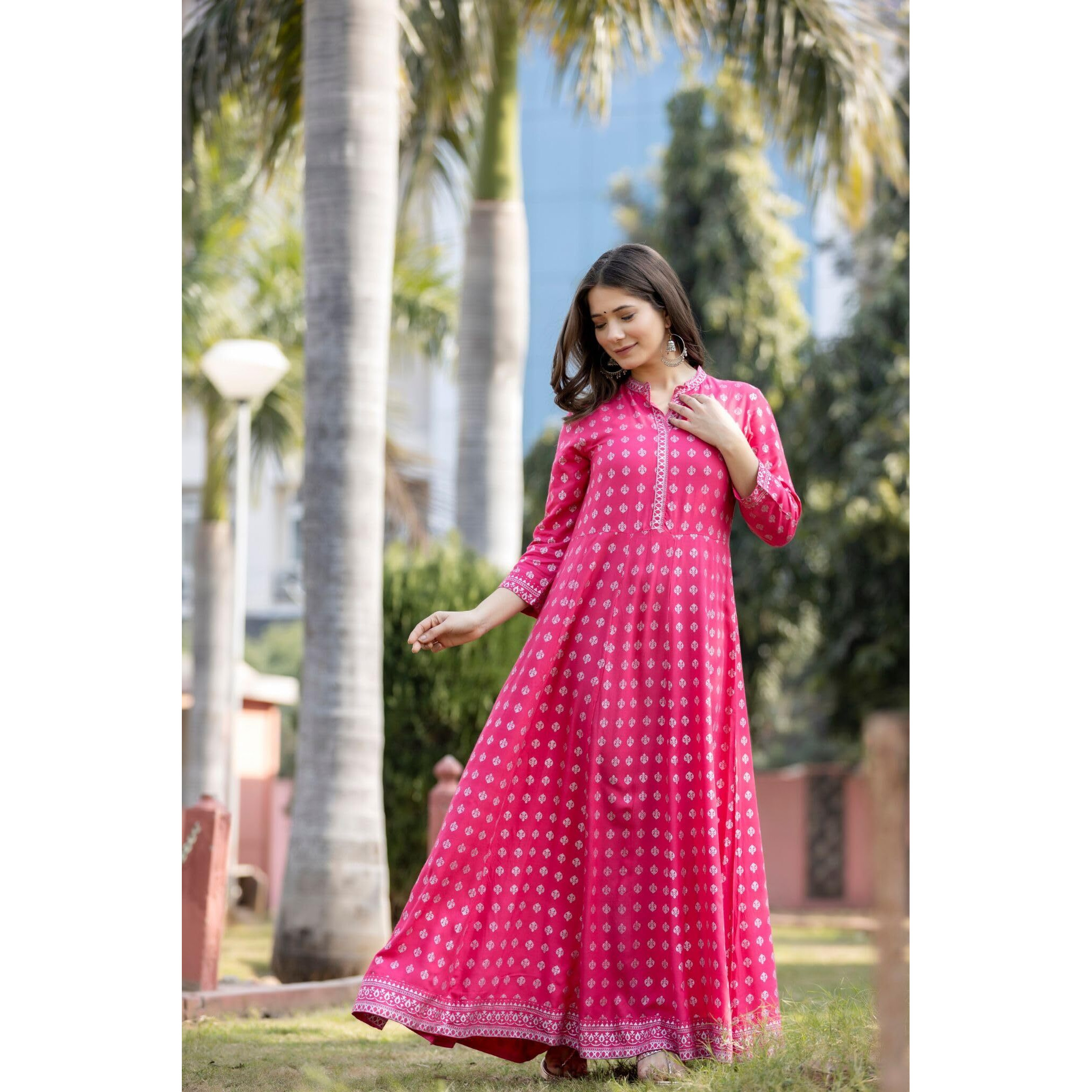 Rytras Women's Rayon Printed Anarkali Kurta(Ryt256,L) Pink