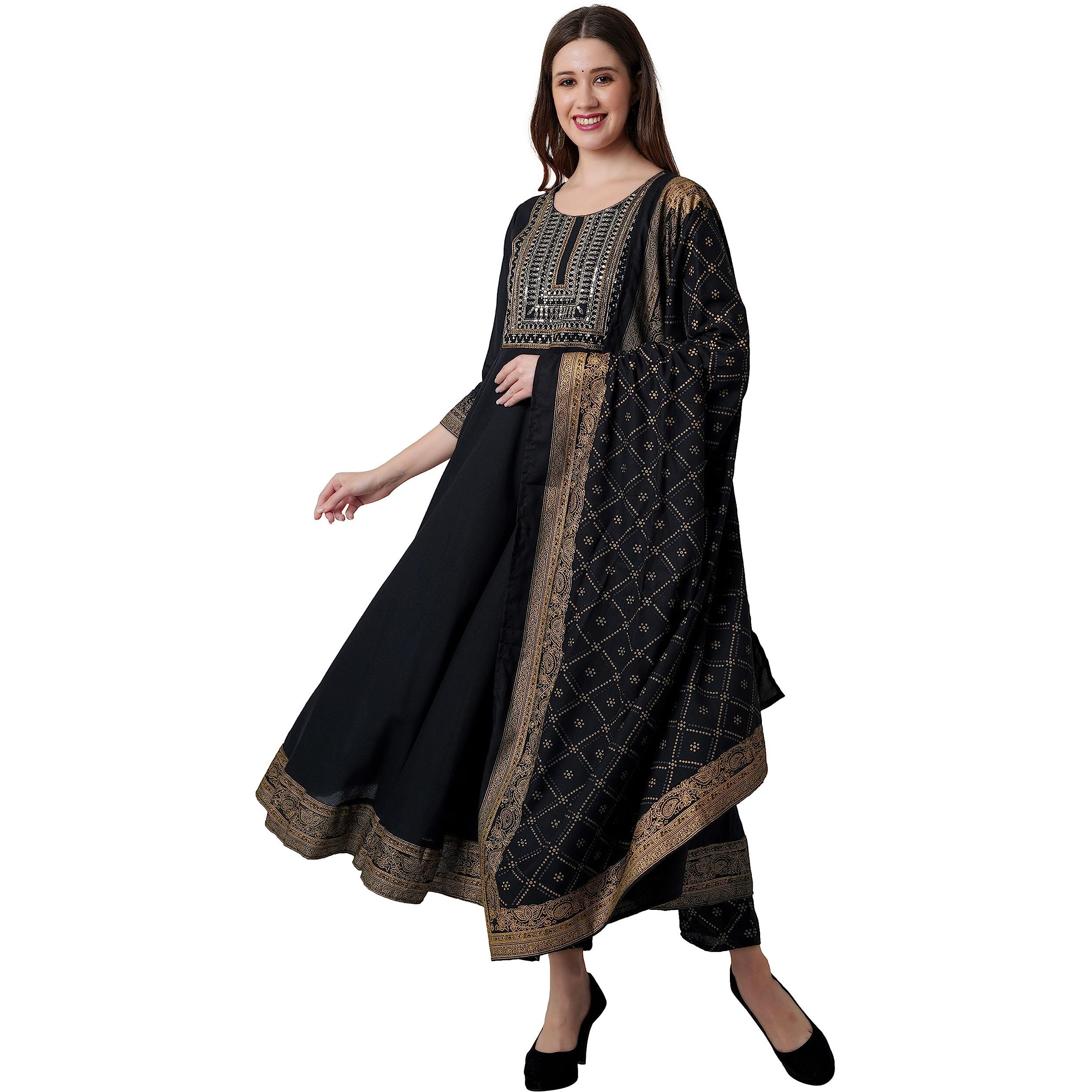Rytras Women's Embroidered Anarkali Kurta With Pant And Dupatta Set(Black,Xl)