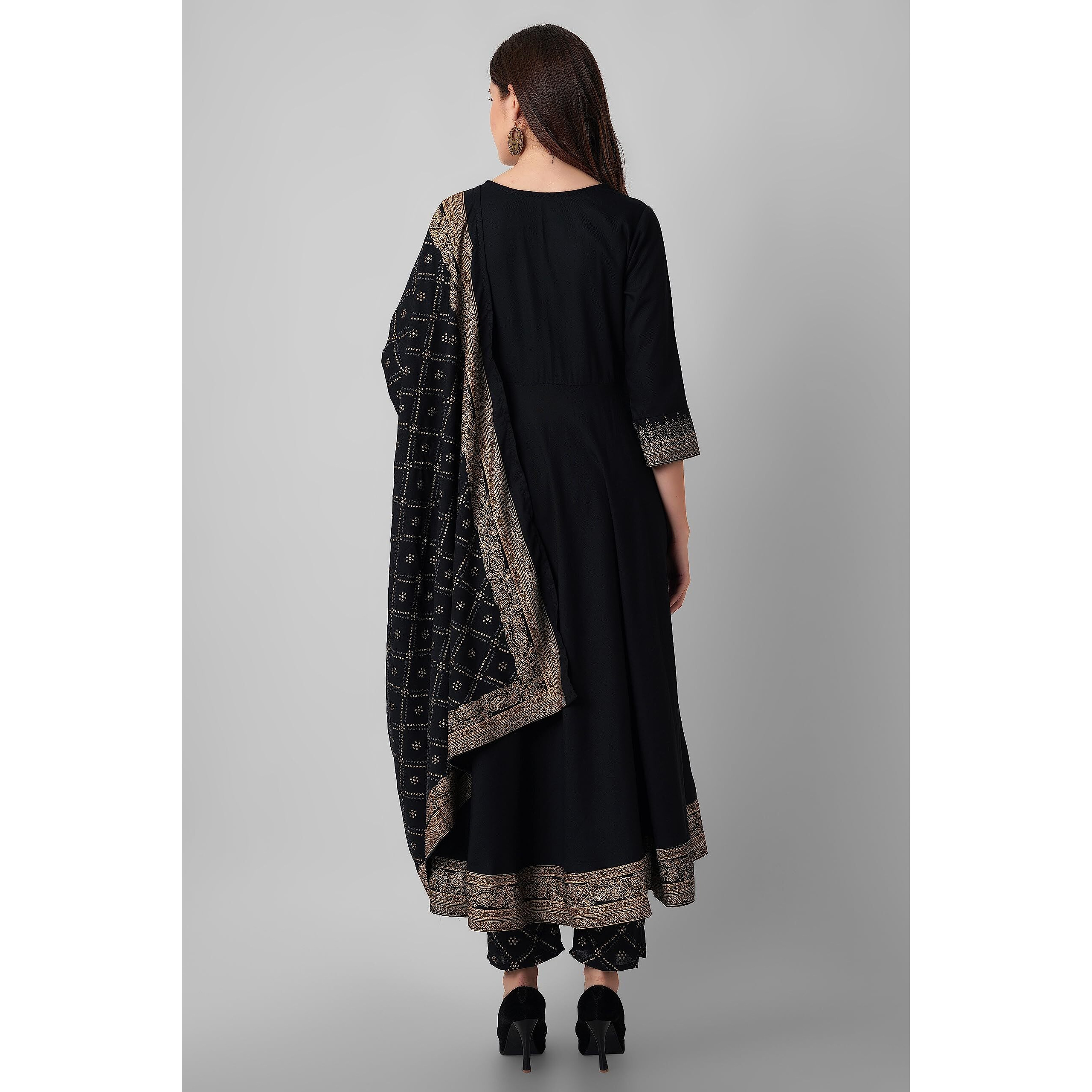 Rytras Women's Embroidered Anarkali Kurta With Pant And Dupatta Set(Black,Xl)