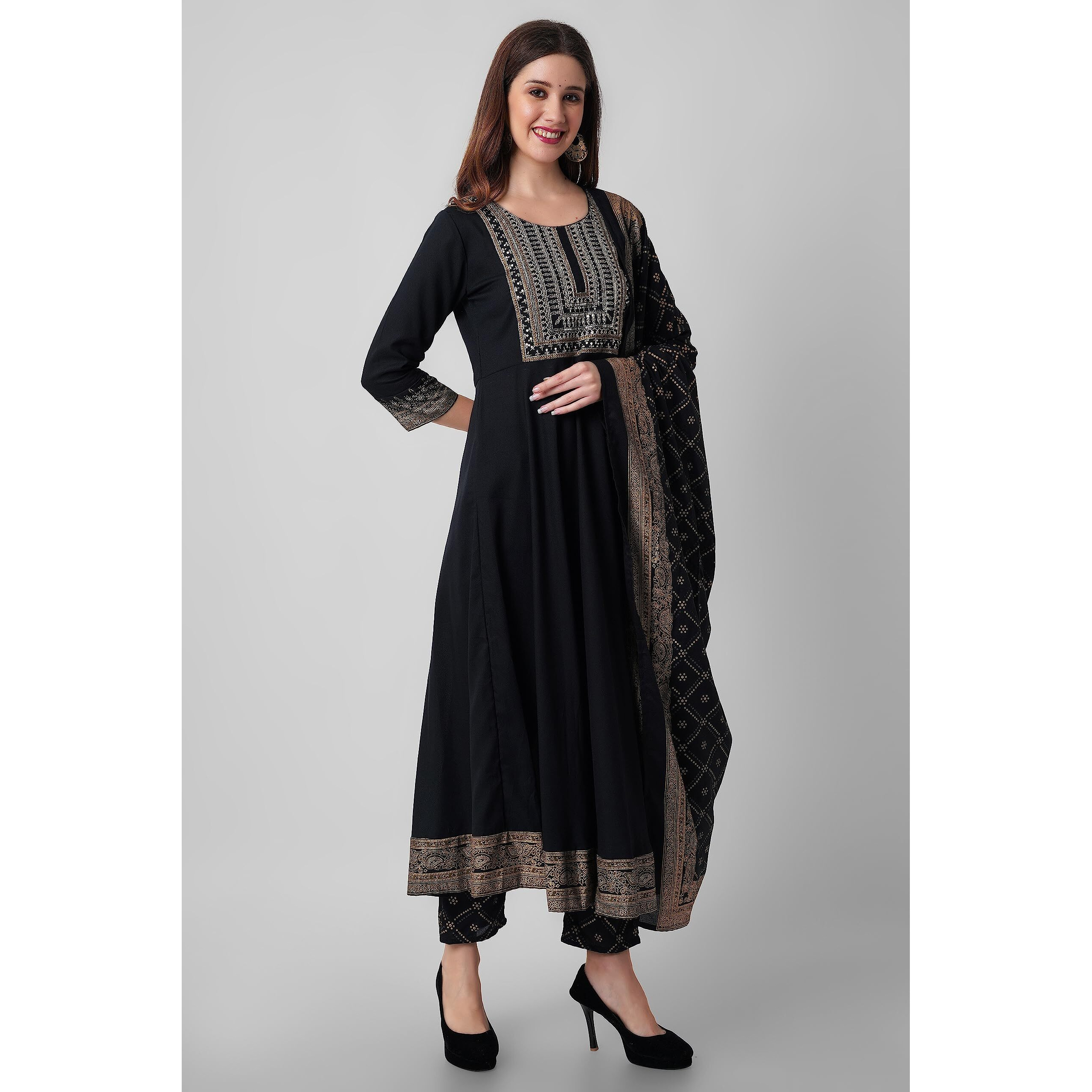 Rytras Women's Embroidered Anarkali Kurta With Pant And Dupatta Set(Black,Xl)