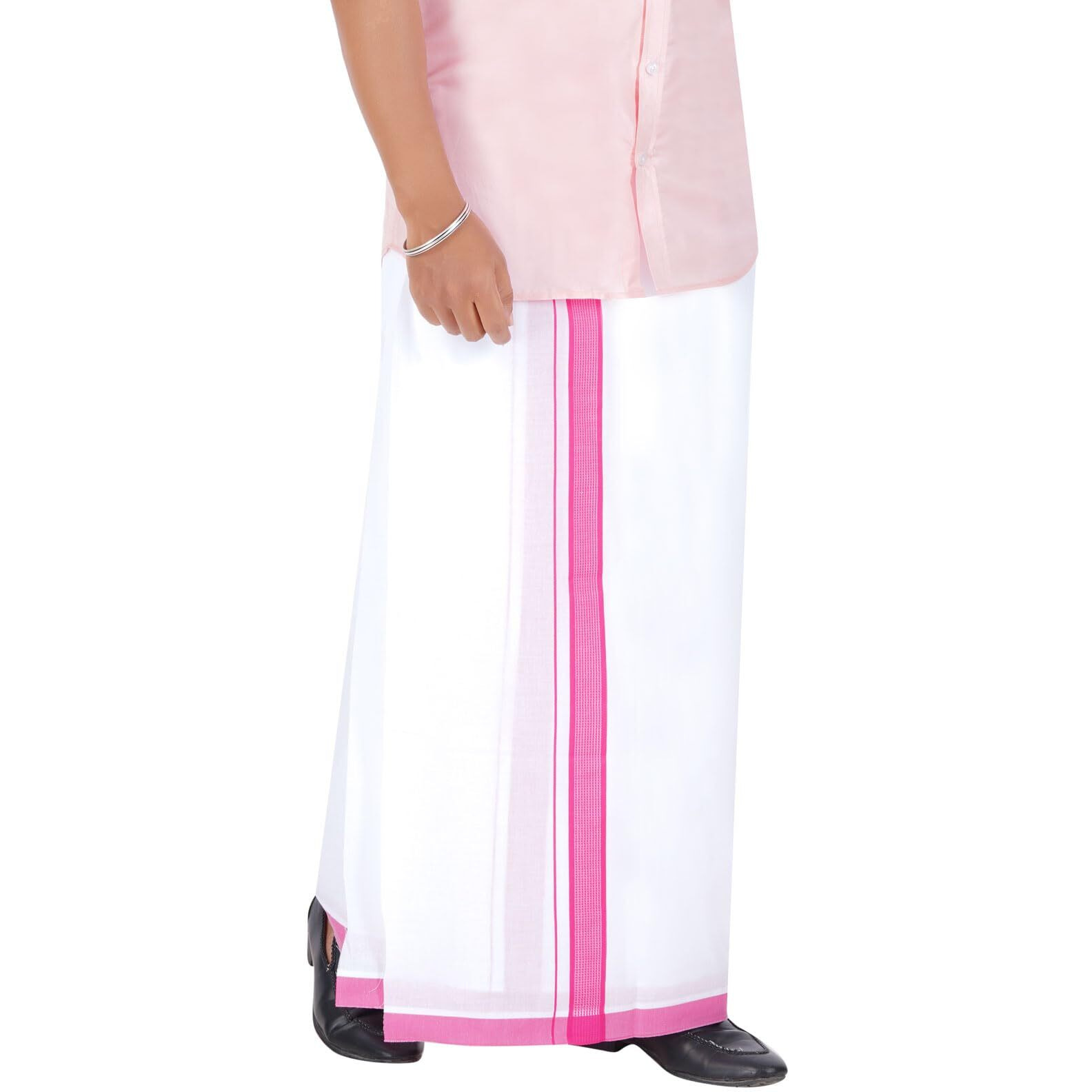 Prakasam Cotton Men's Double White Dhoti With Dobby Design Border (1.30 X 4.00 Meter) (Pink)