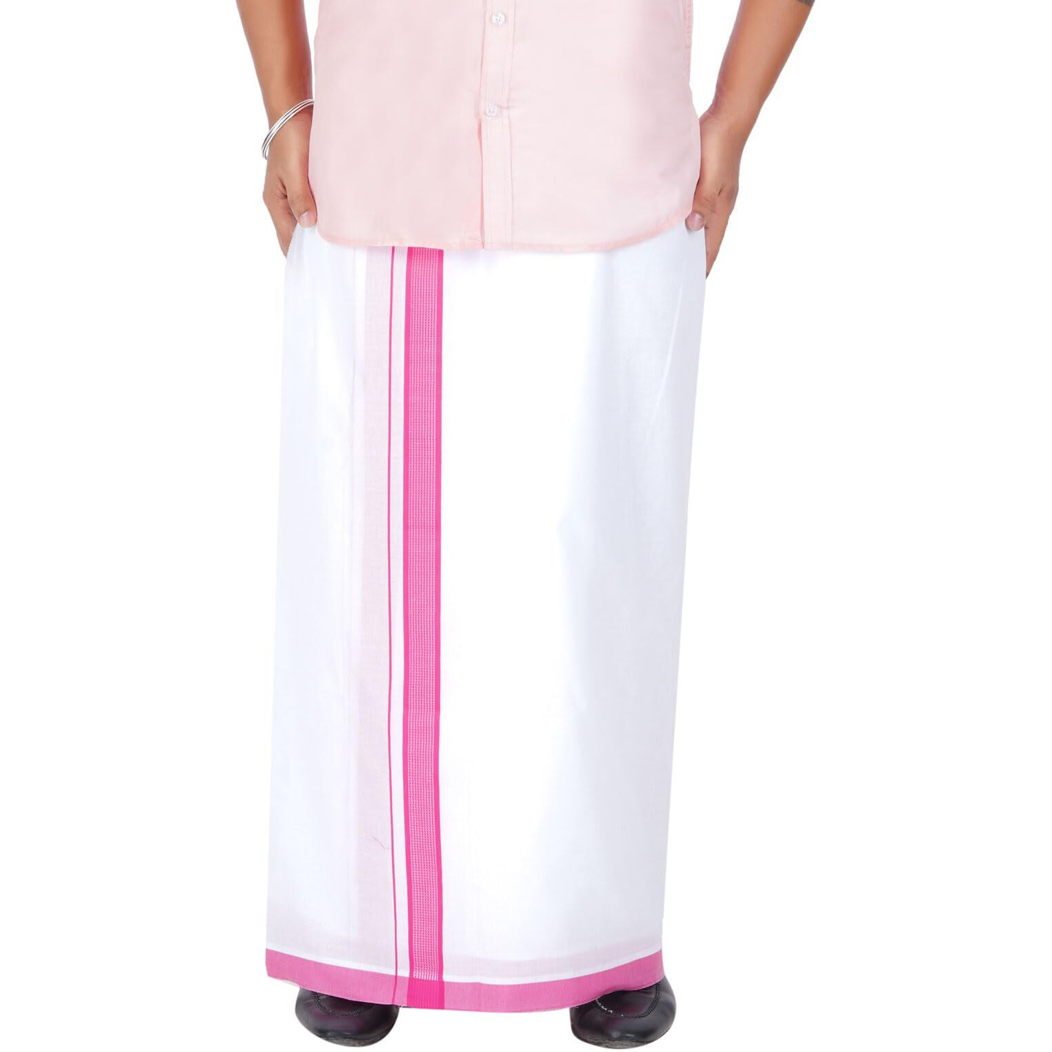 Prakasam Cotton Men's Double White Dhoti With Dobby Design Border (1.30 X 4.00 Meter) (Pink)