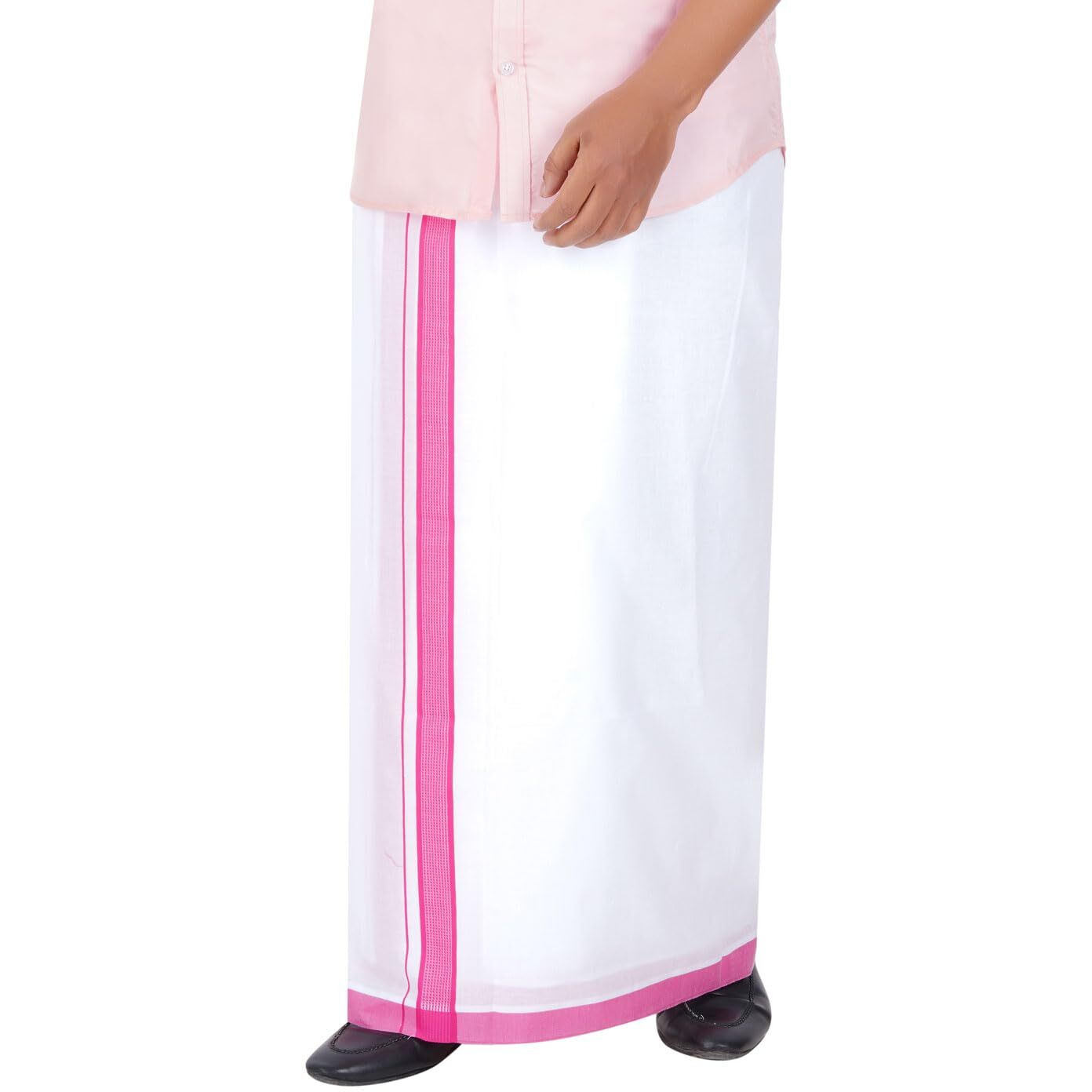 Prakasam Cotton Men's Double White Dhoti With Dobby Design Border (1.30 X 4.00 Meter) (Pink)
