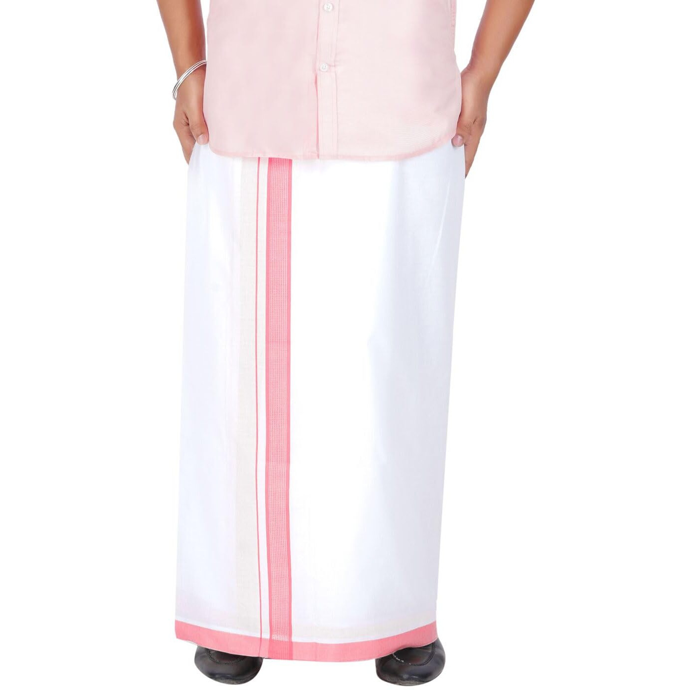 Prakasam Cotton Men's Double White Dhoti With Dobby Design Border (1.30 X 4.00 Meter) (Red)