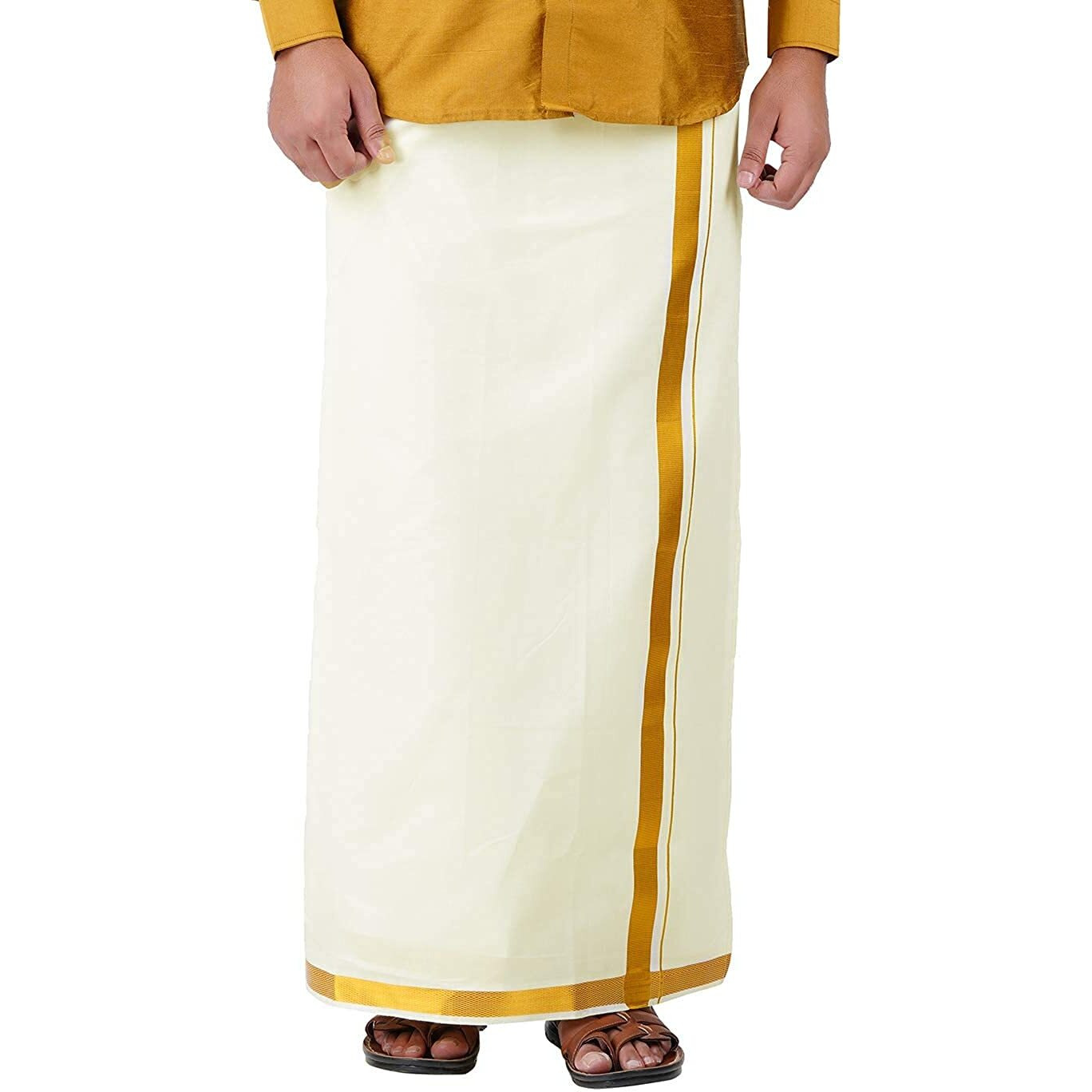 Prakasam Cotton Mens Ss Gold Jari Border Flexi Size Welcro Pocket Dhoti (Small, Cream)