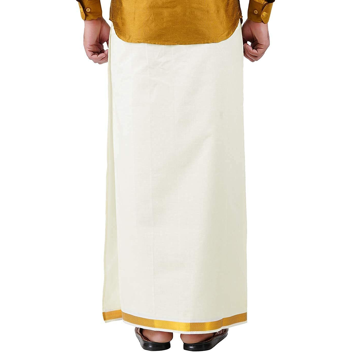 Prakasam Cotton Mens Ss Gold Jari Border Flexi Size Welcro Pocket Dhoti (Small, Cream)