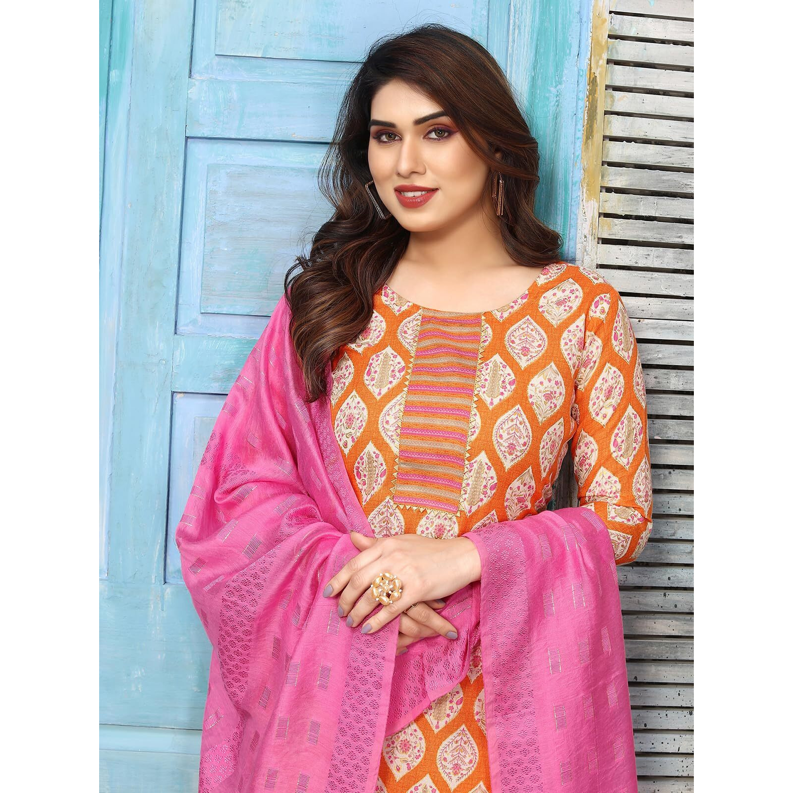 Sanisa Women's Cotton Blend Printed Straight Kurta With Pant And Self Woven Dupatta (89Kbd984Nz-M_Light Orange & Multi)