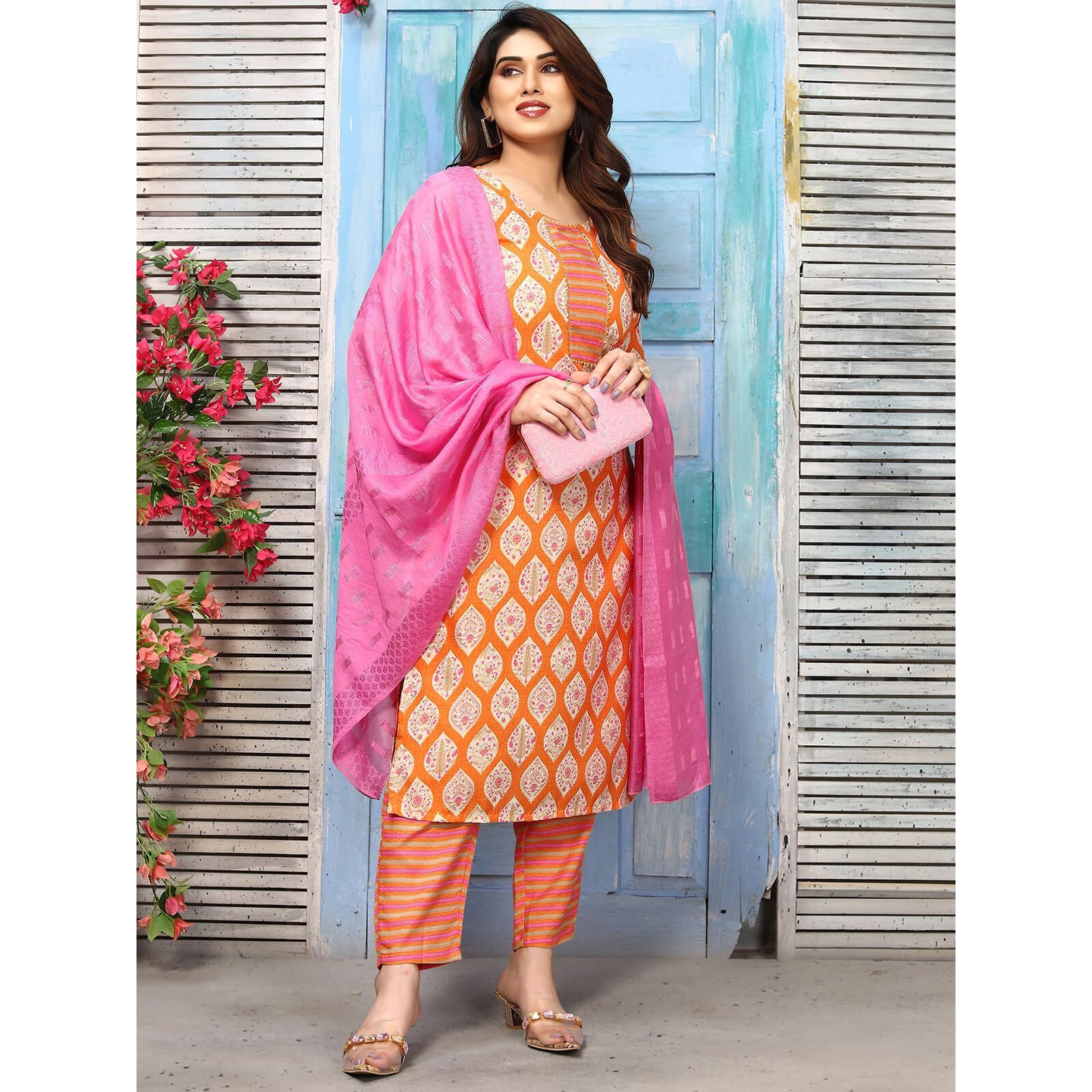 Sanisa Women's Cotton Blend Printed Straight Kurta With Pant And Self Woven Dupatta (89Kbd984Nz-M_Light Orange & Multi)