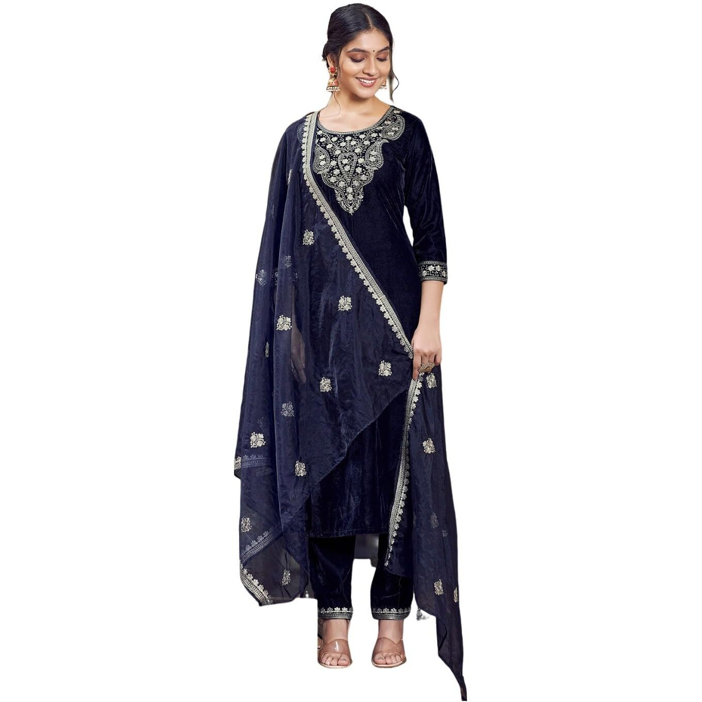 Sanisa Women's Velvet Embroidery Straight Kurta With Pant And Embroidery Dupatta (103Kbd1123Nz-Xl_Navy Blue)