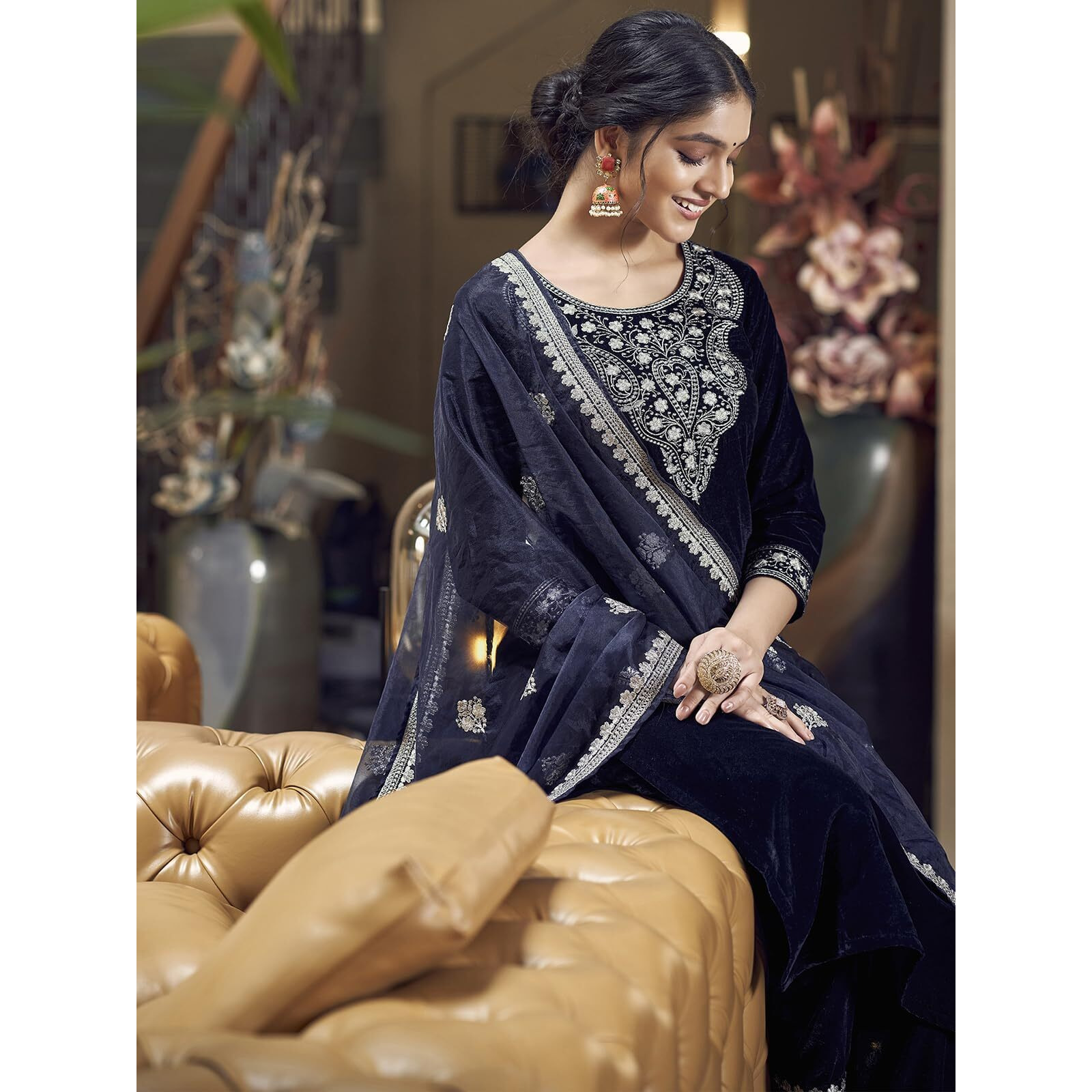 Sanisa Women's Velvet Embroidery Straight Kurta With Pant And Embroidery Dupatta (103Kbd1123Nz-Xl_Navy Blue)